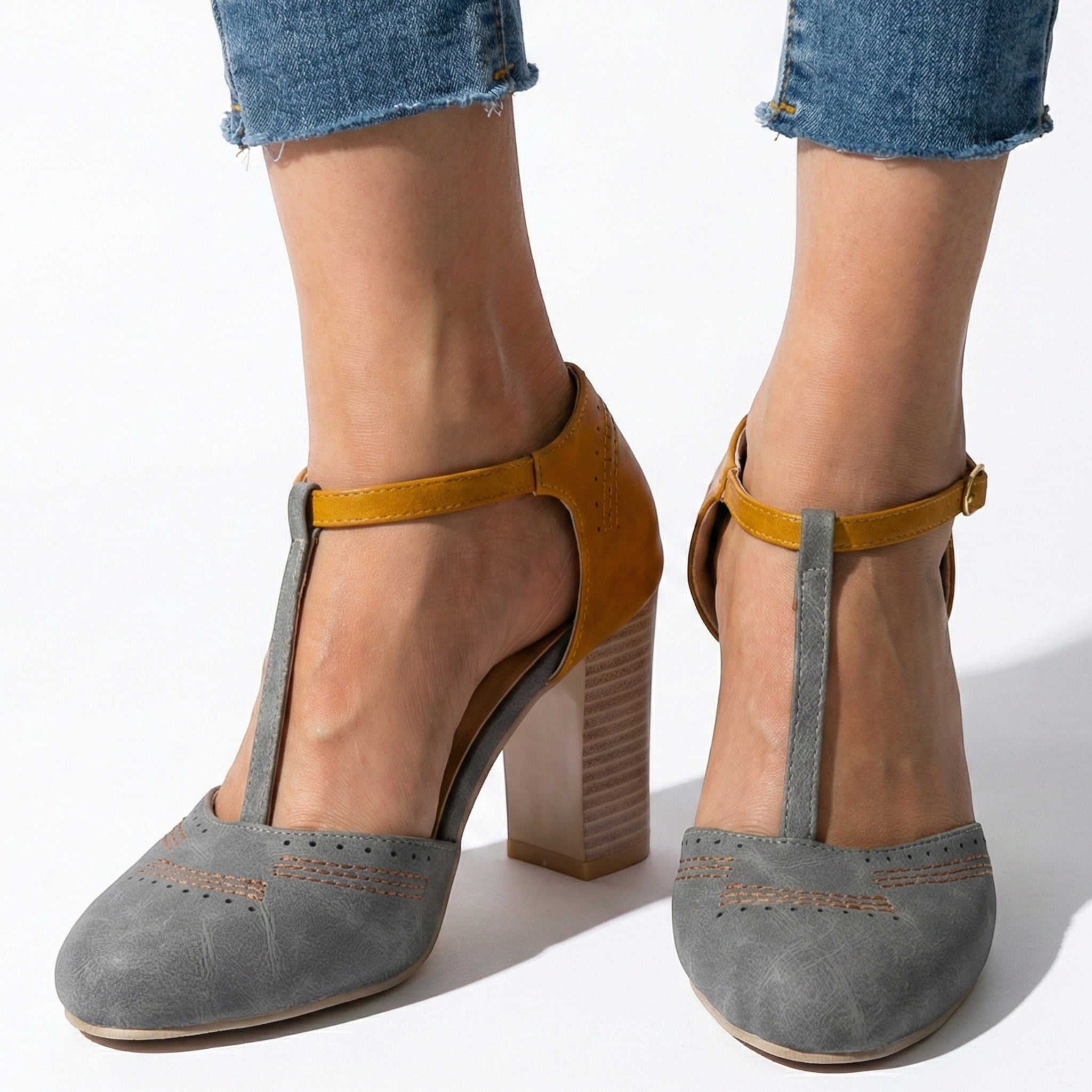 Eleanor - Women’s T-Bar Block Heel Brogue Sandals