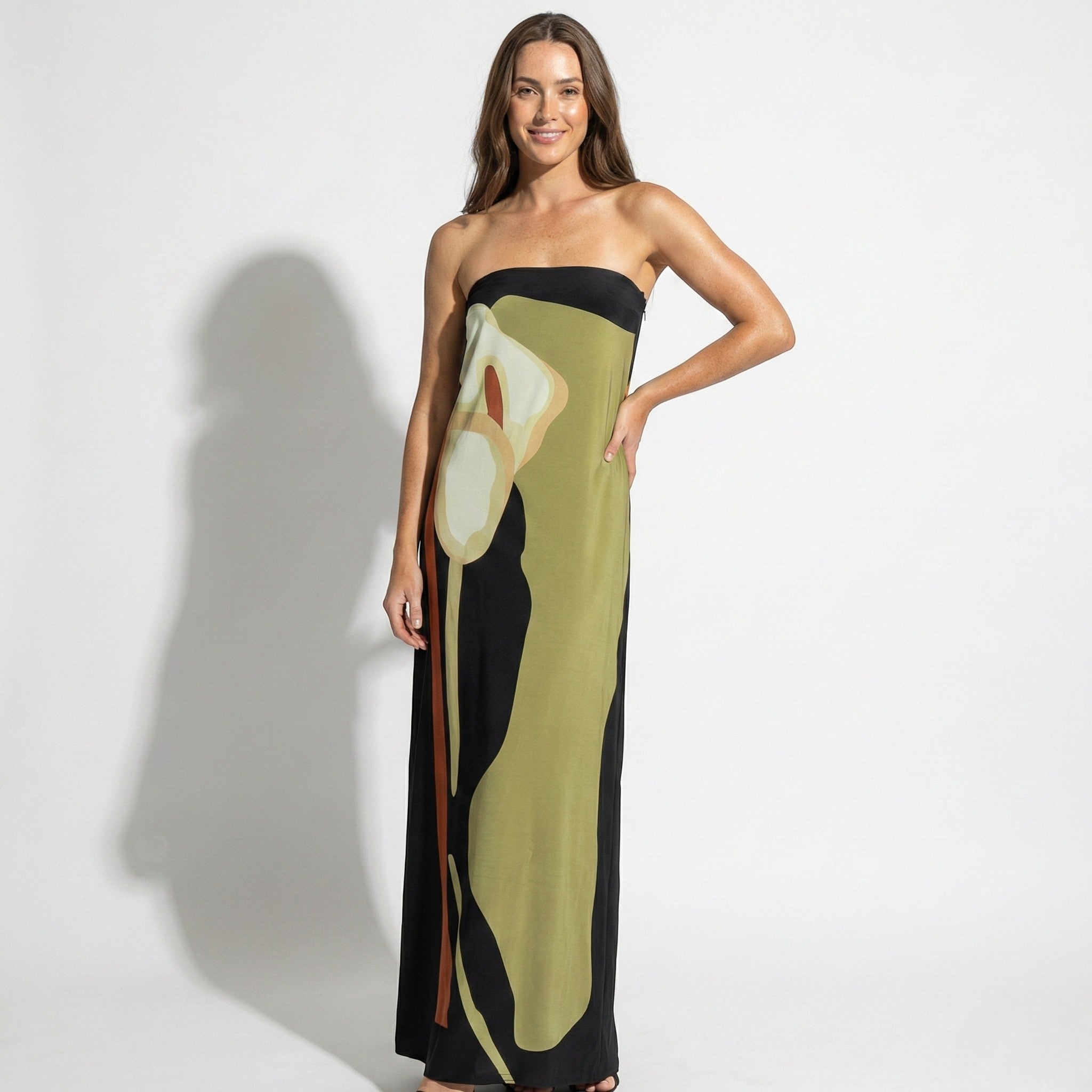 Jaime - Women's Strapless Maxi Dress with Abstract Floral Print