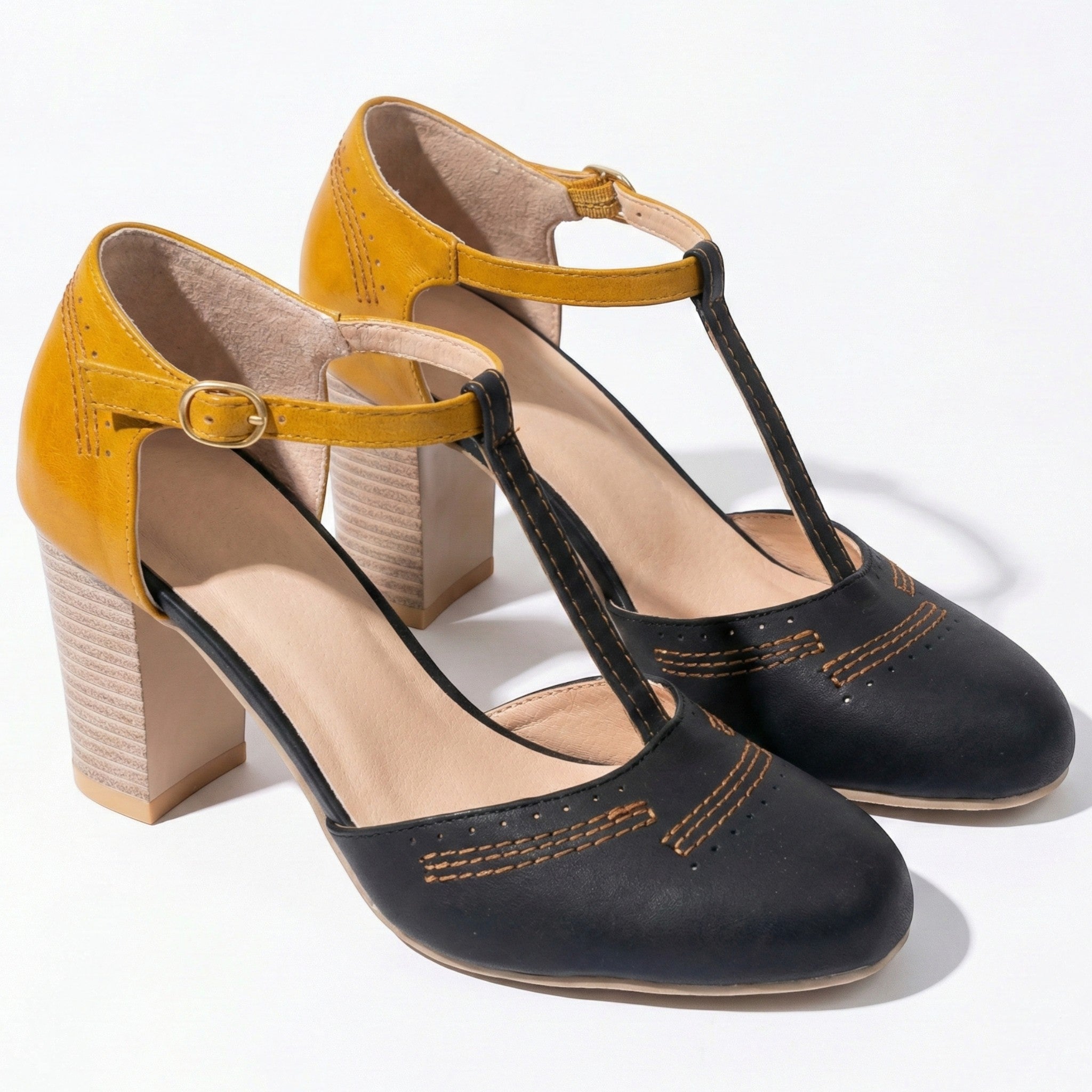 Eleanor - Women’s T-Bar Block Heel Brogue Sandals