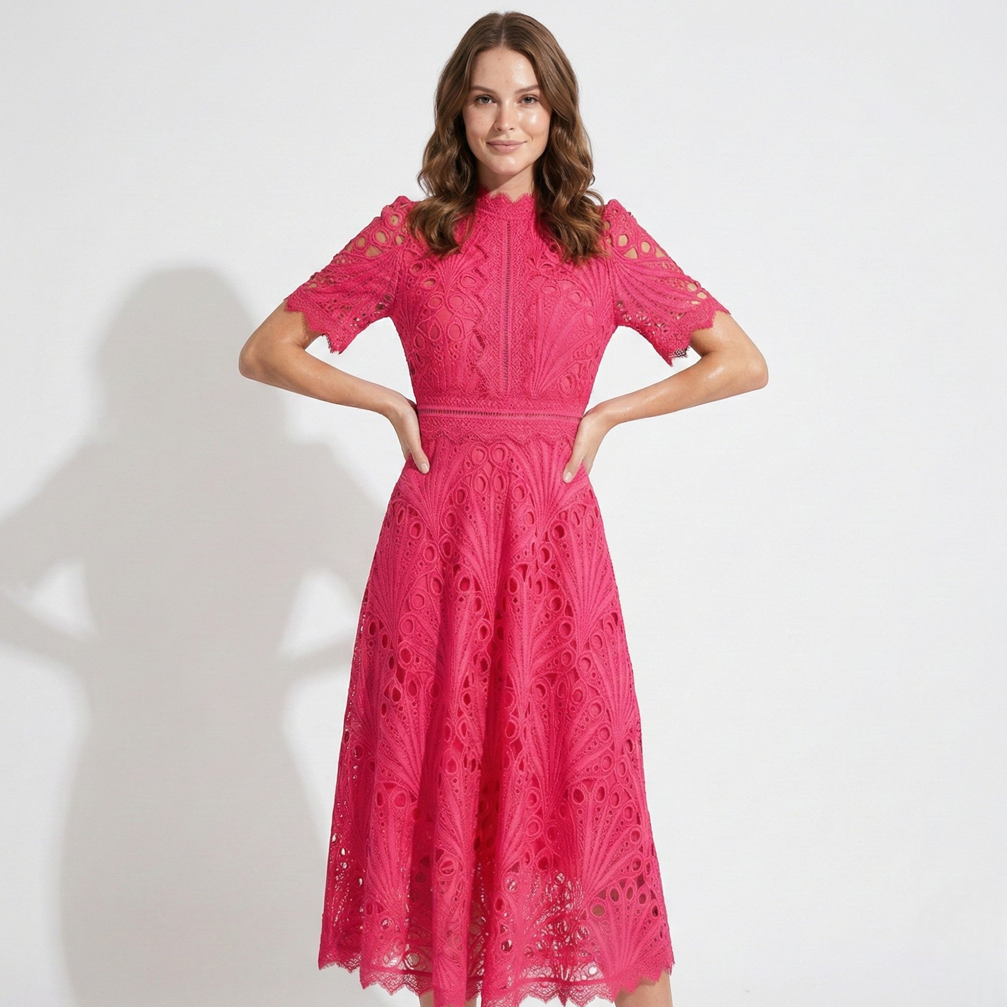 Lexi - Women's Lace Midi Dress with High Neck and Short Sleeves