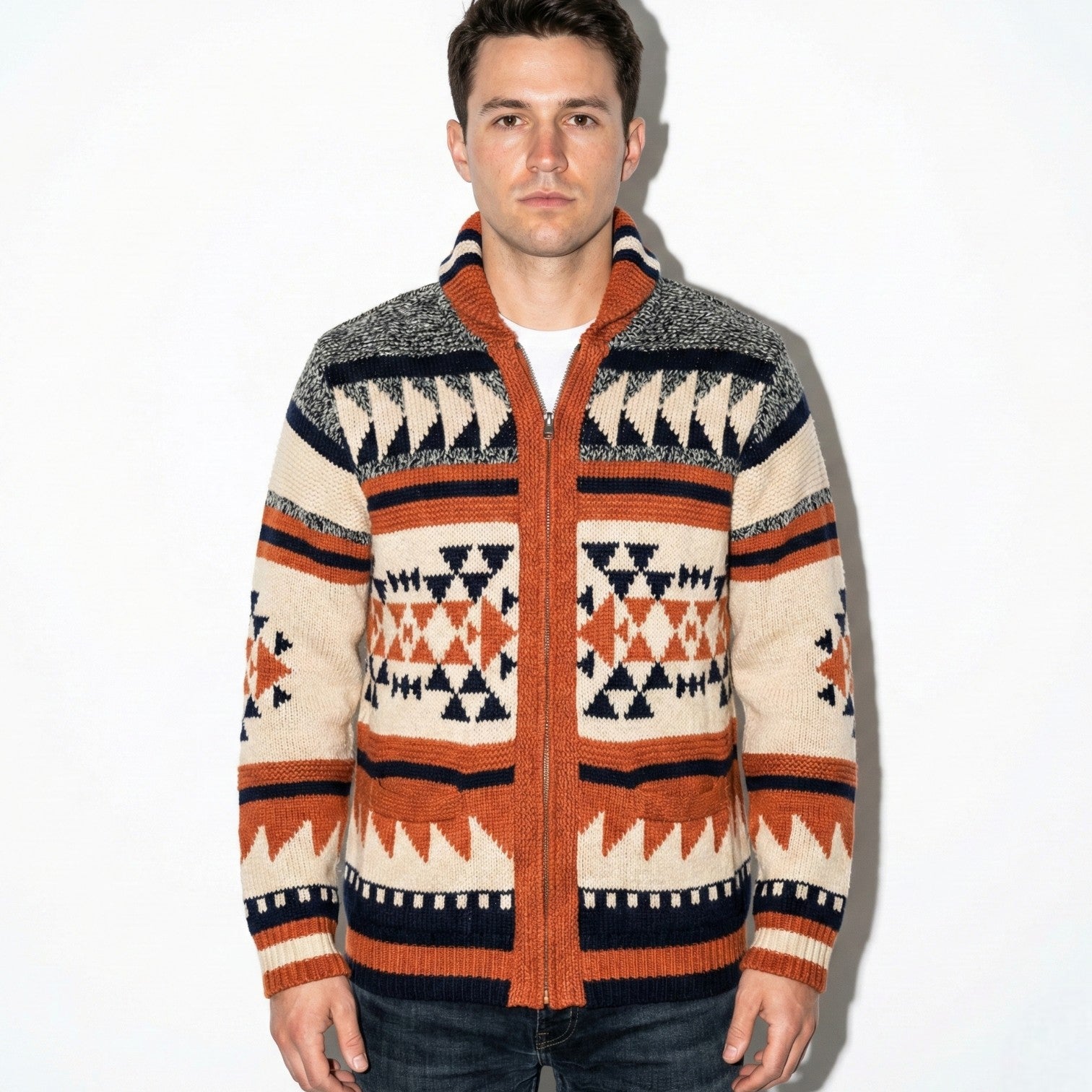 Men's Slim-Fit Cardigan with Aztec Print and Full Zip
