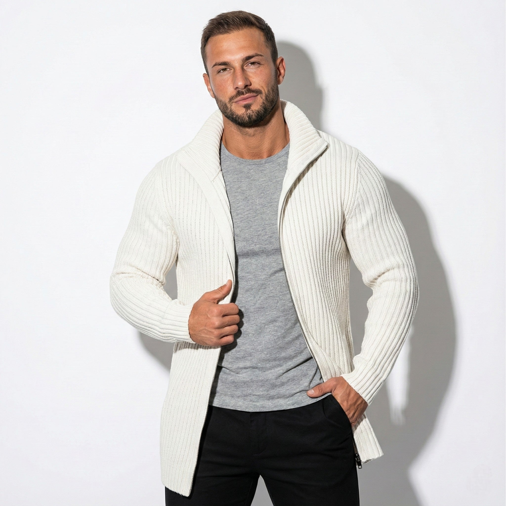 Men's Slim Fit Knit Cardigan with Zipper Closure and Stand Collar