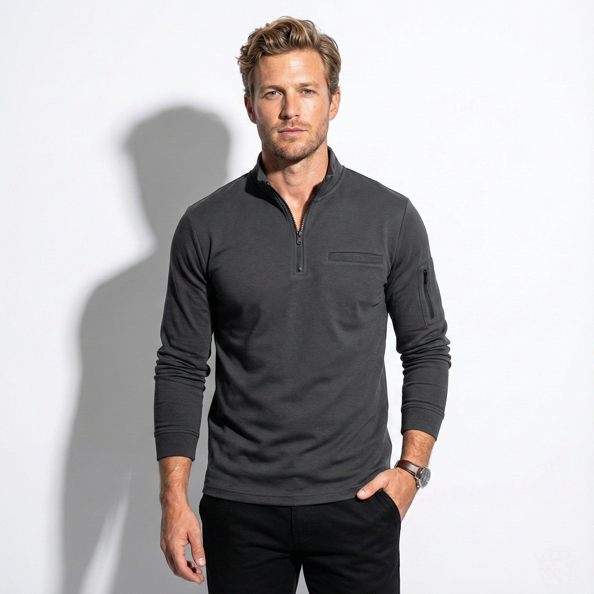 Men's Slim-Fit Sweatshirt with Quarter-Zip Neck and Chest Pocket
