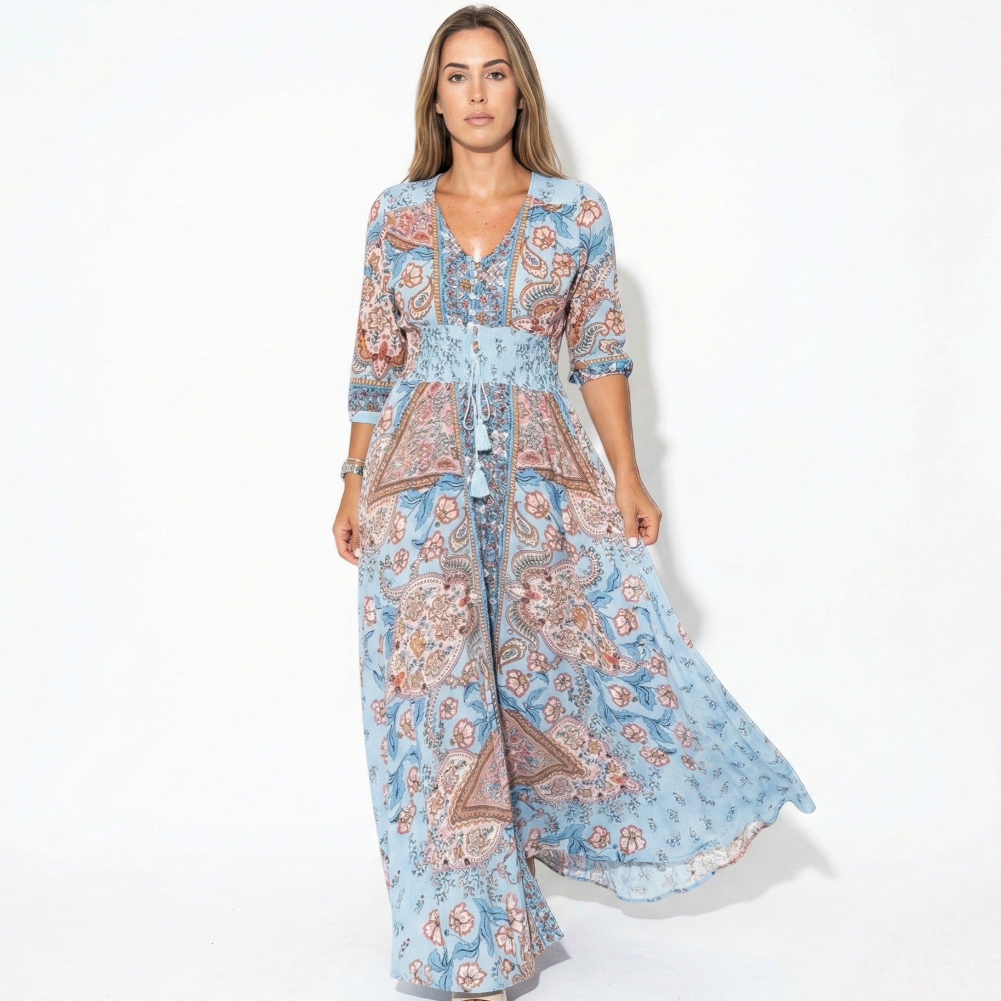Grace - Women's Printed V-Neck Maxi Dress with 3/4 Sleeves