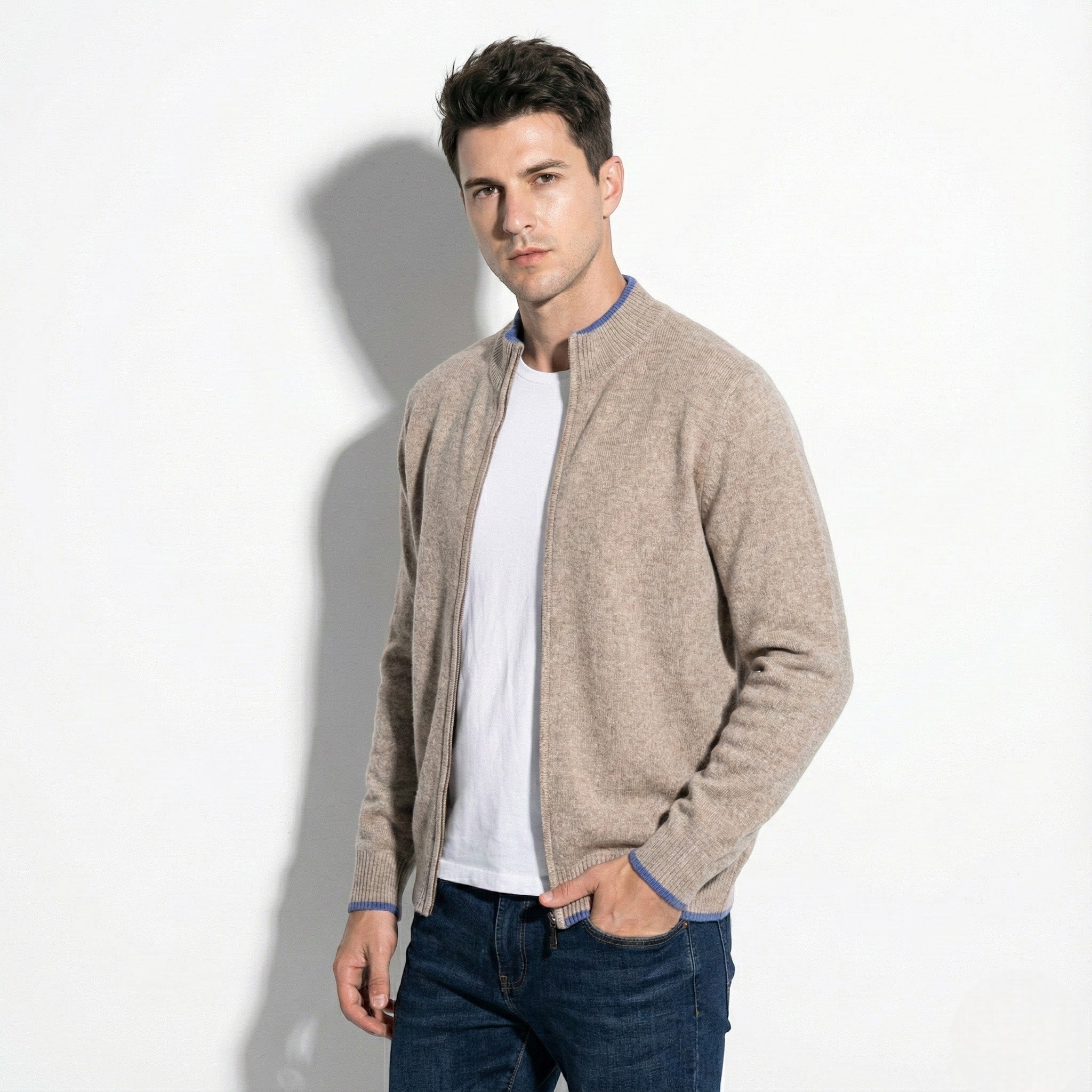Men's Knitted Zip-Up Cardigan with Stand Collar and Ribbed Hems