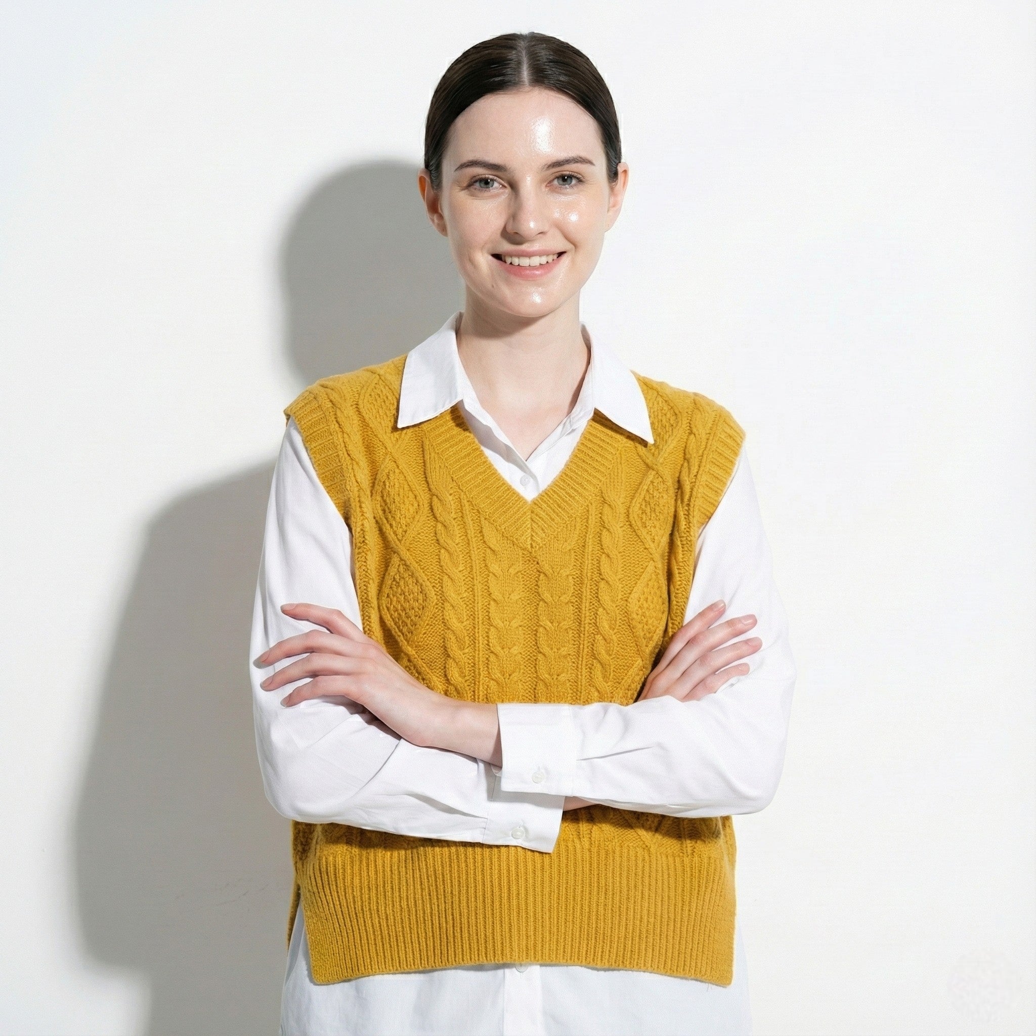 Women's V-Neck Sweater Vest with Cable Knit