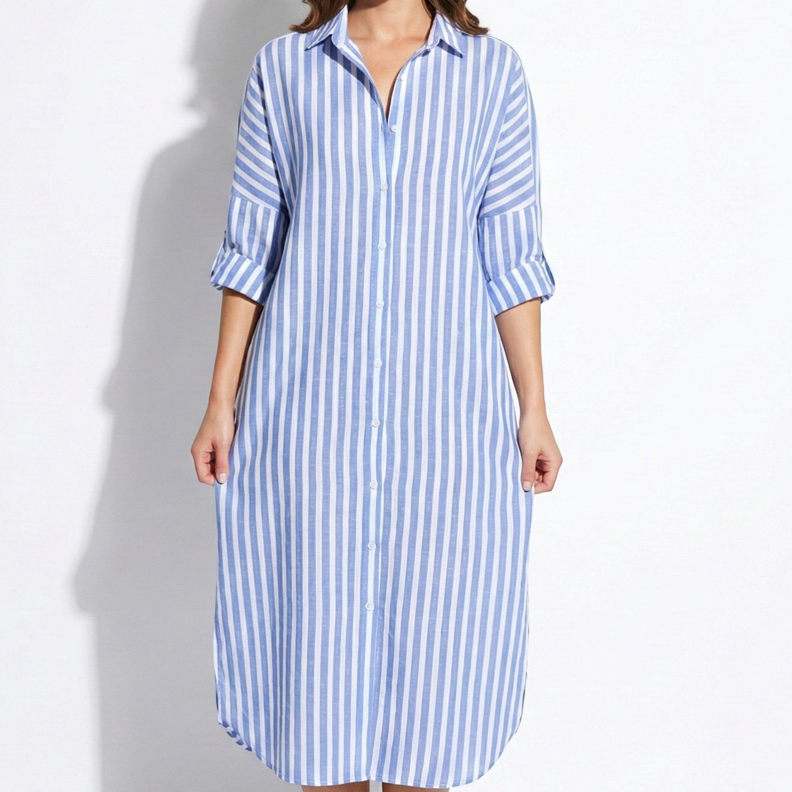 Amelia - Women's Striped Maxi Shirt Dress with Button Placket