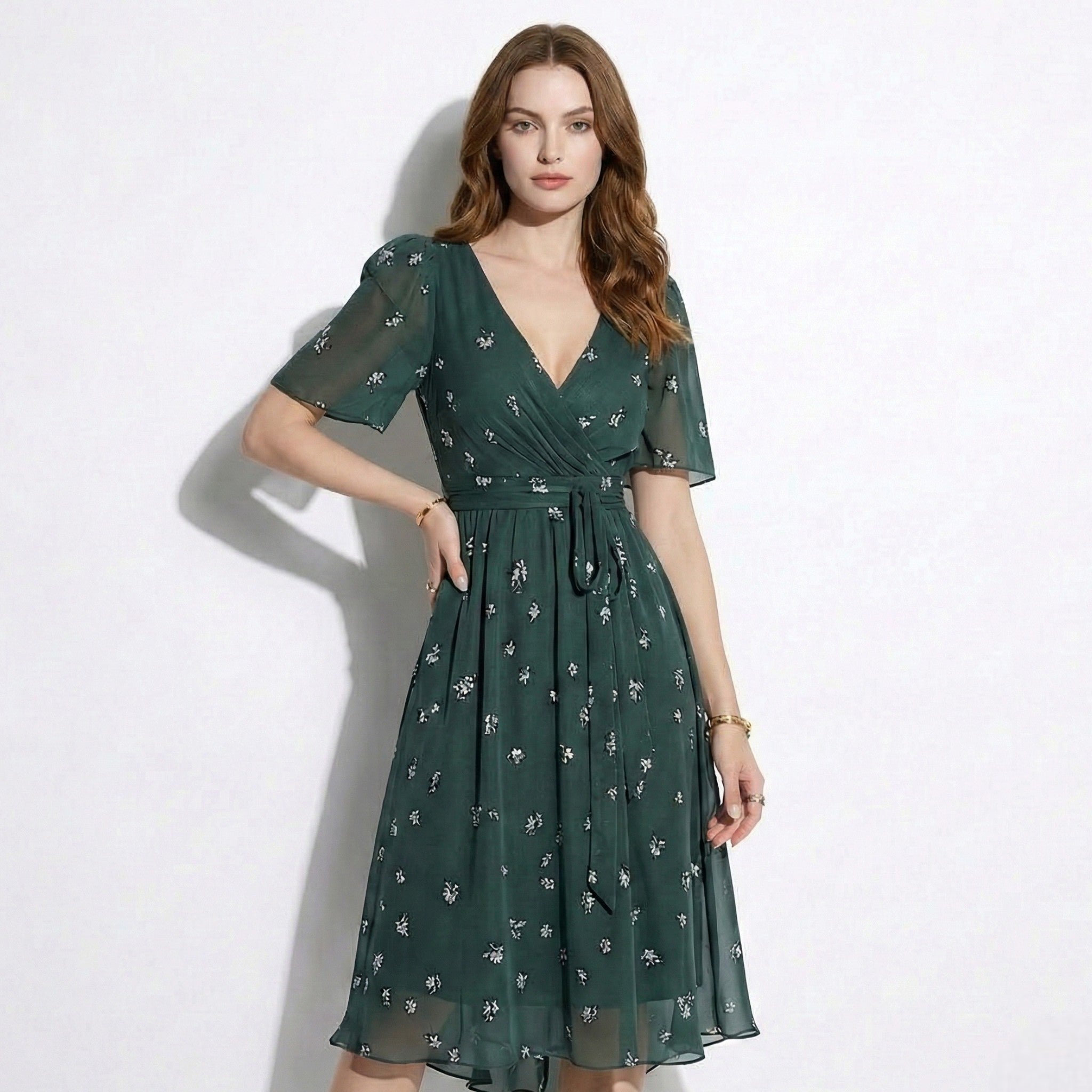 Eleanor - Women's Floral V-Neck Midi Dress with Flutter Sleeves