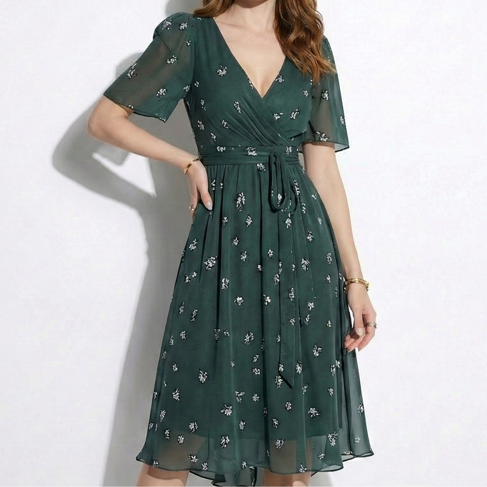 Eleanor - Women's Floral V-Neck Midi Dress with Flutter Sleeves