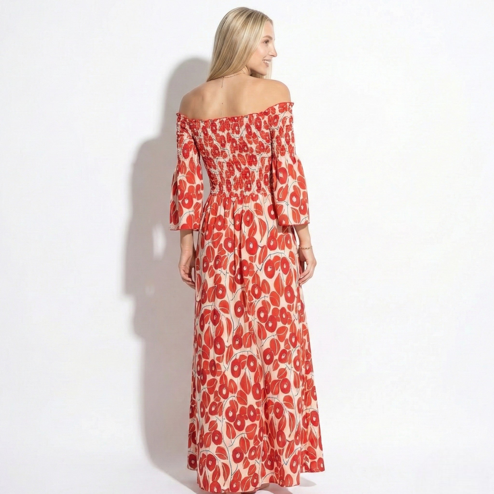 Rose - Women's Floral Off-Shoulder Maxi Dress with Smocked Bodice