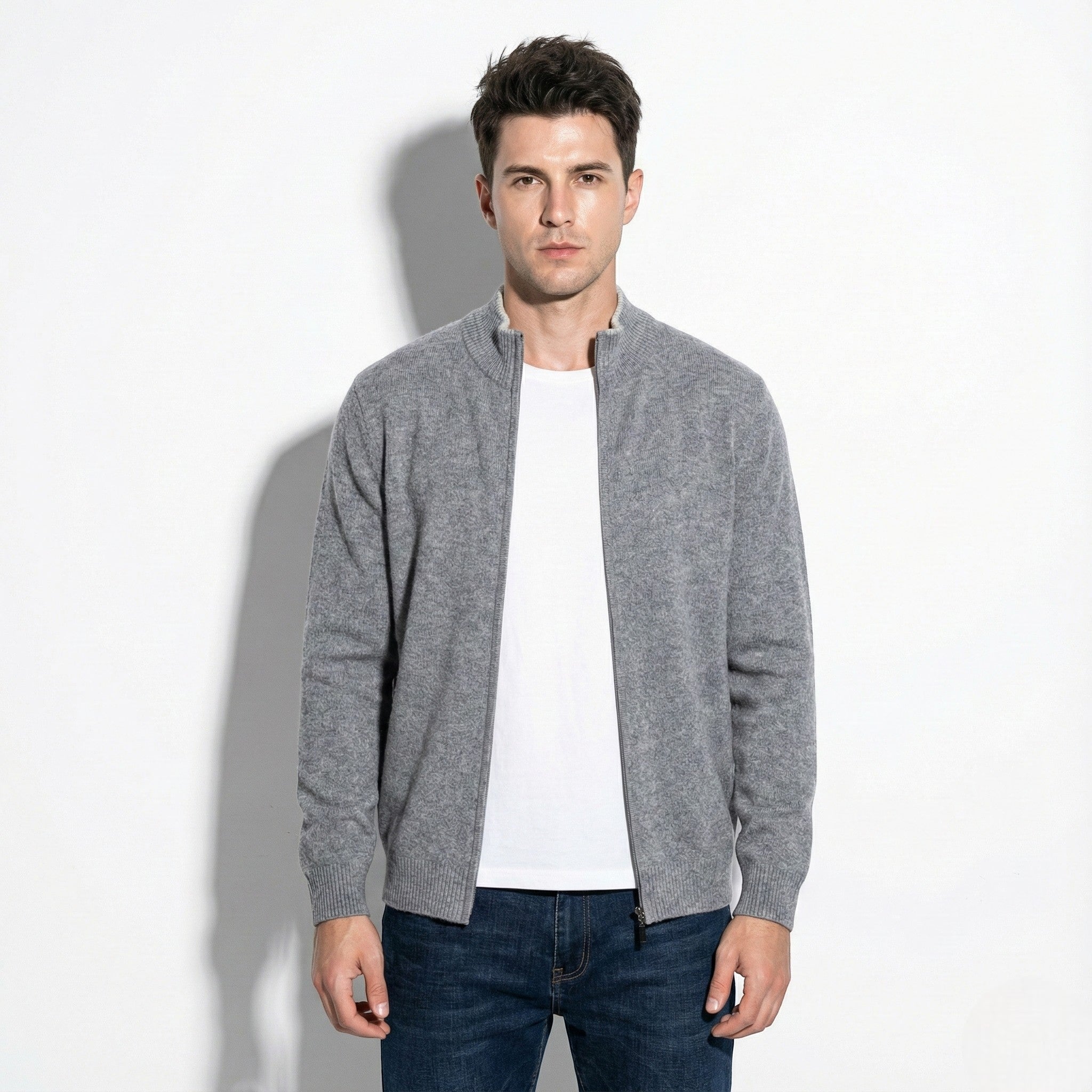 Men's Knitted Zip-Up Cardigan with Stand Collar and Ribbed Hems