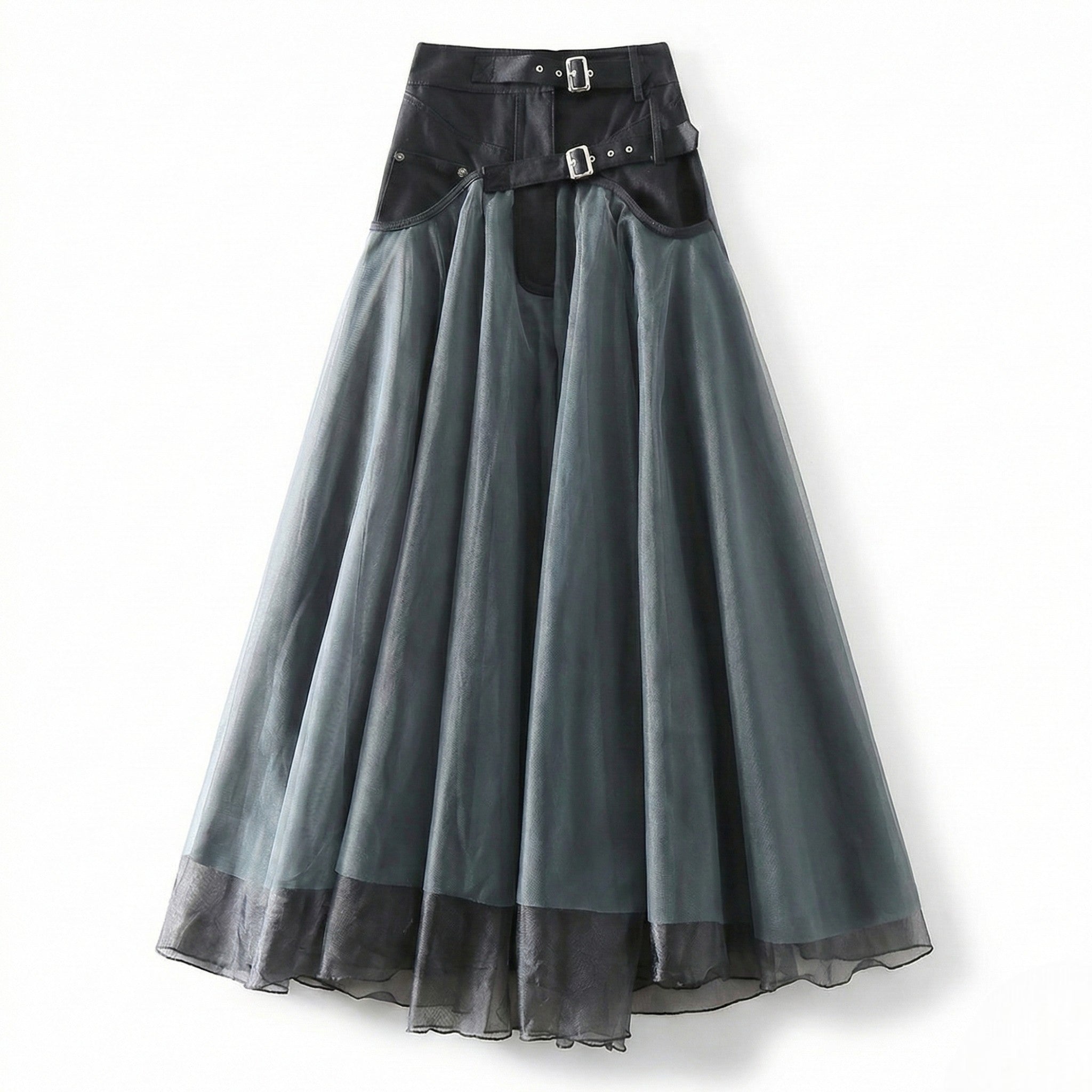 Amelia - Women's High-Waisted Mesh Tulle Skirt with Buckle Detail