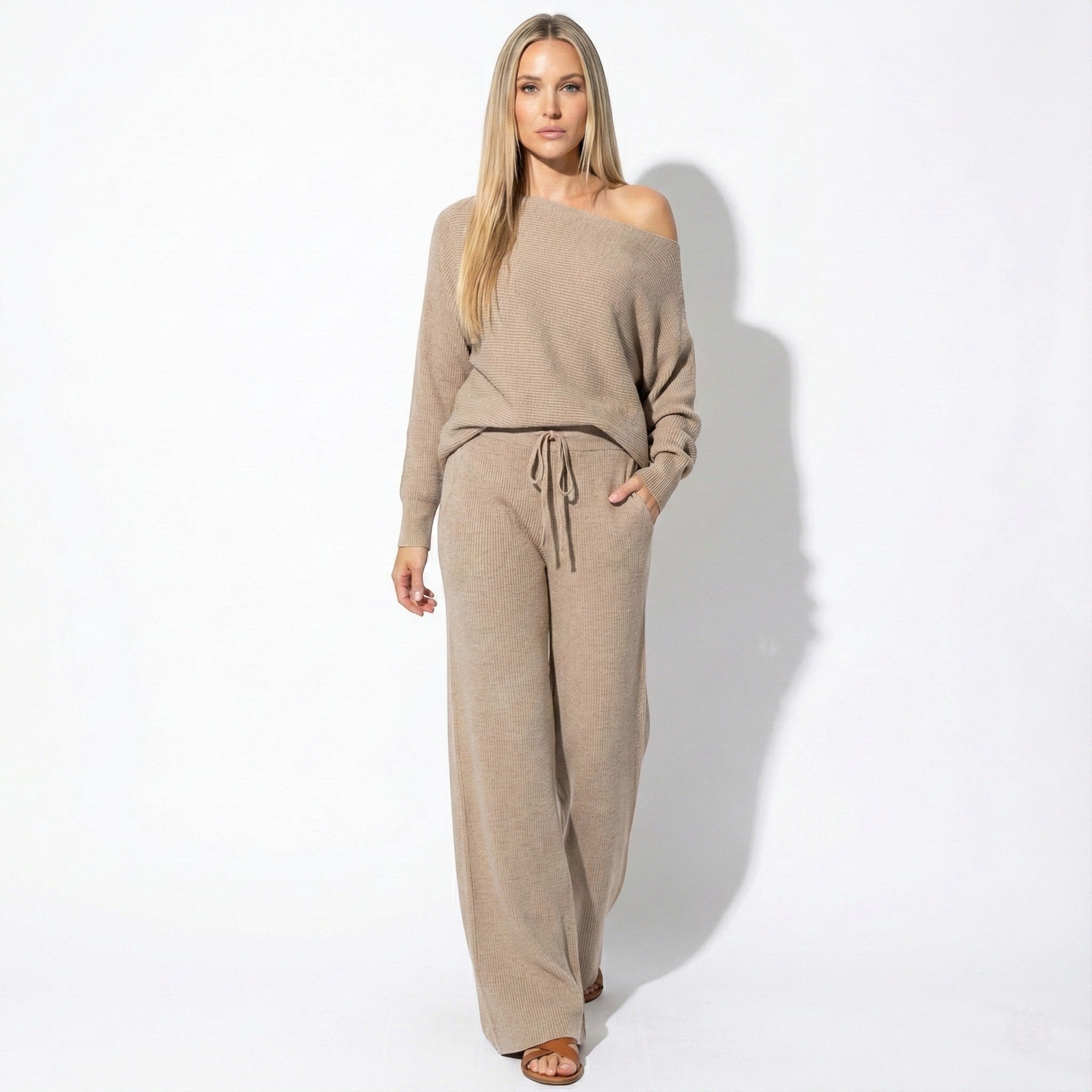 Women's Lounge Sweater Set with Off-Shoulder Top and Wide-Leg Pants