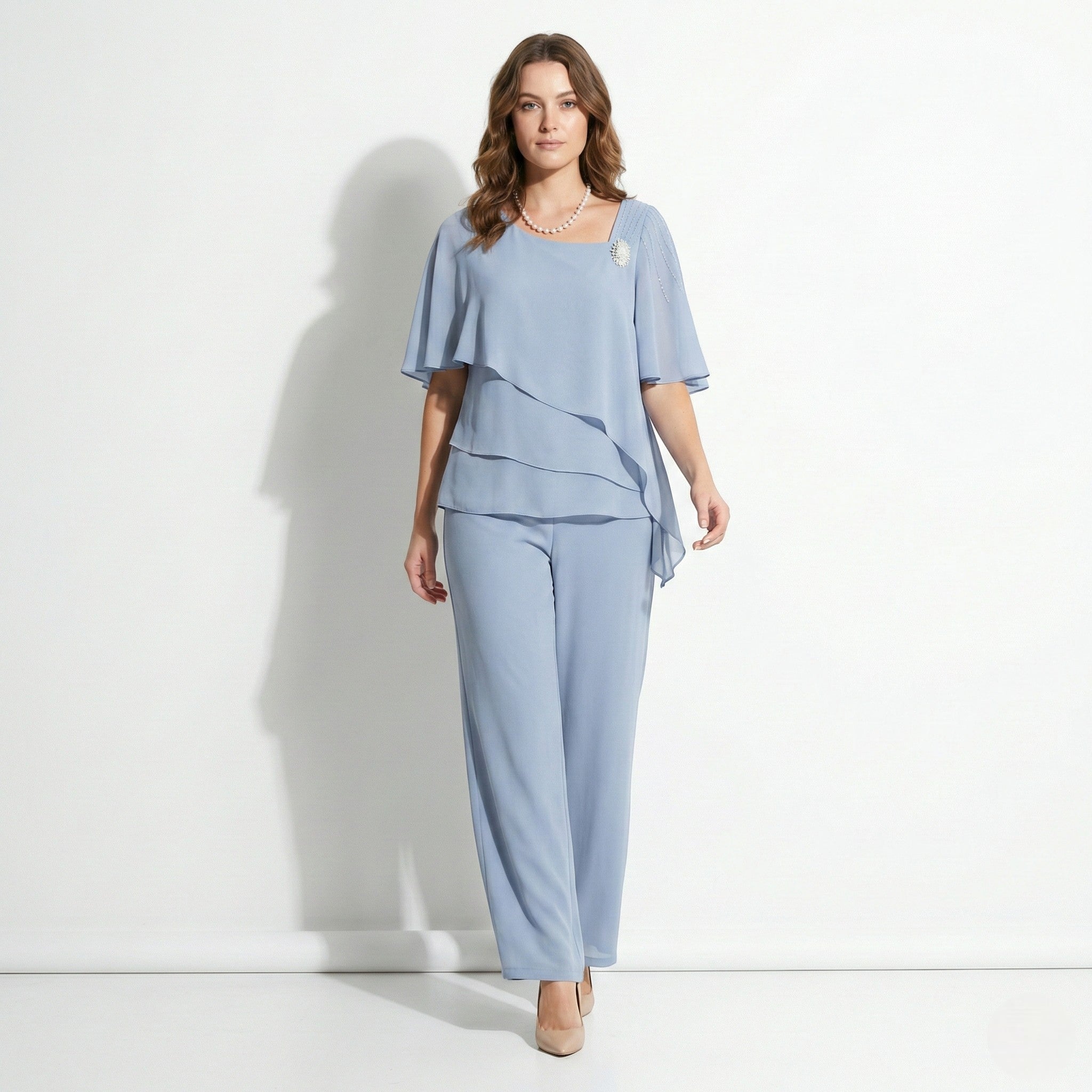 Maeve - Women's Two-Piece Set with Tiered Top and Wide-Leg Trousers