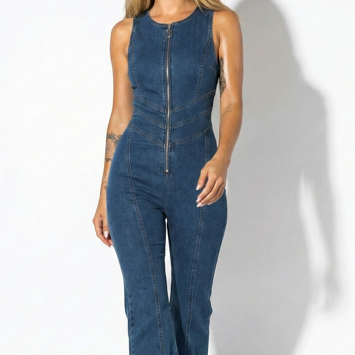 Florence - Women’s Zip-Front Denim Flared Jumpsuit