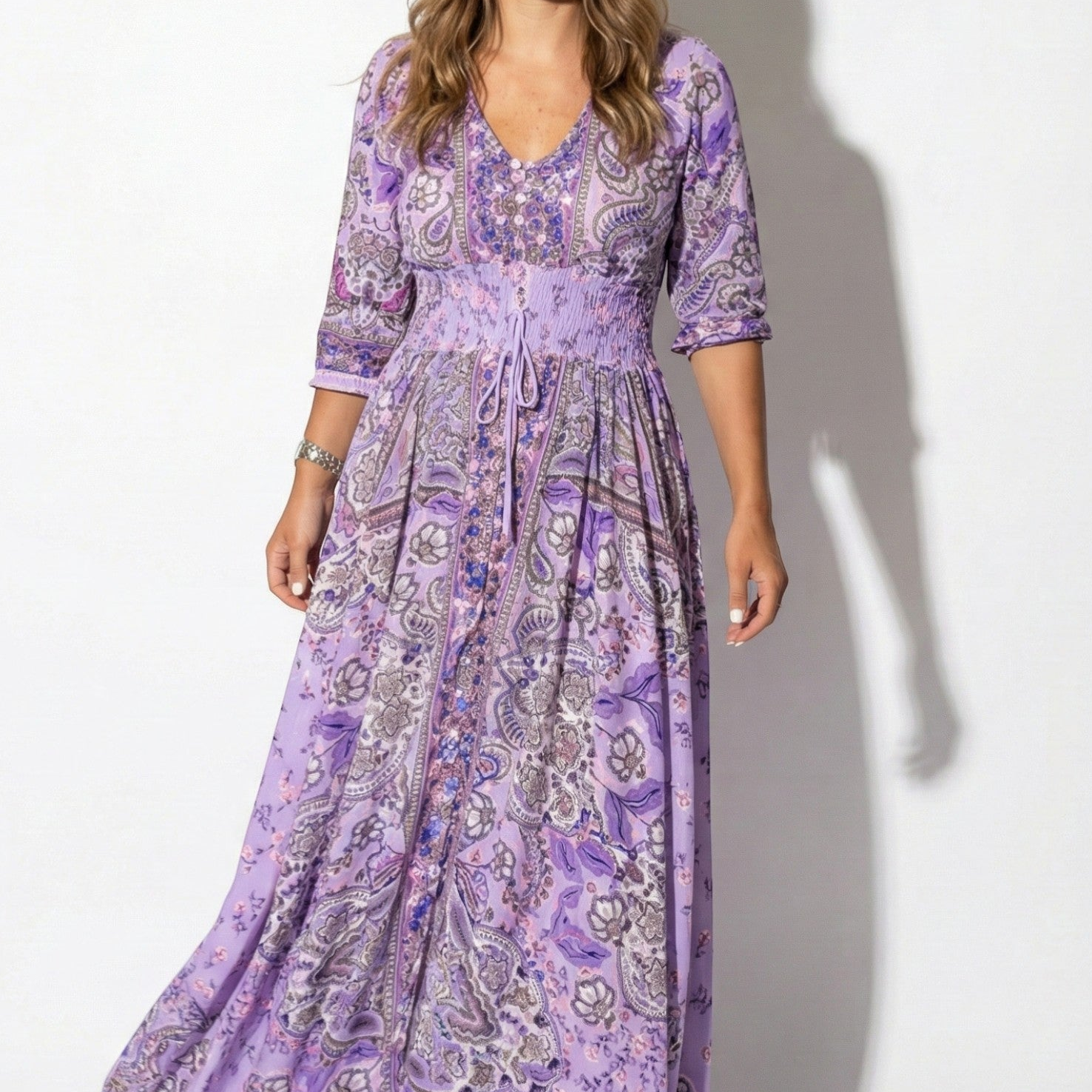 Grace - Women's Printed V-Neck Maxi Dress with 3/4 Sleeves