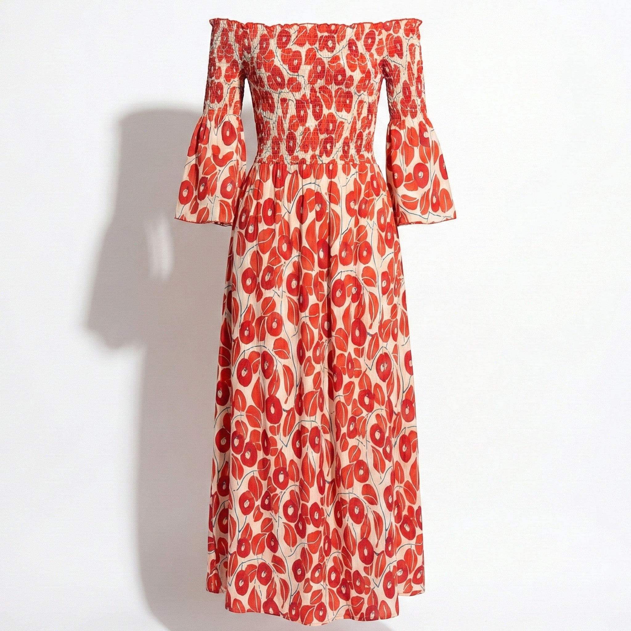 Rose - Women's Floral Off-Shoulder Maxi Dress with Smocked Bodice