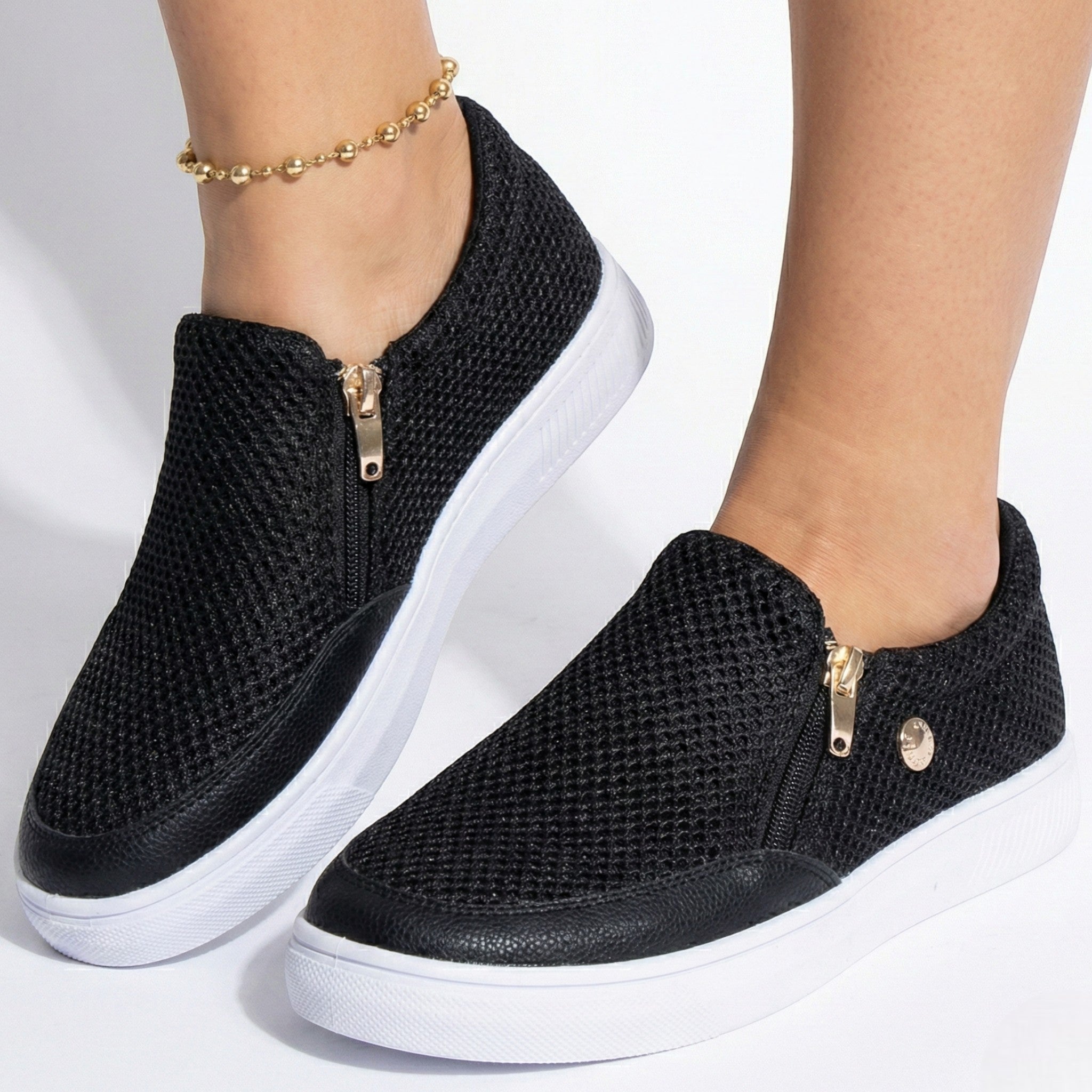 Liana - Women's Breathable Zip-Up Trainers with Textured Finish