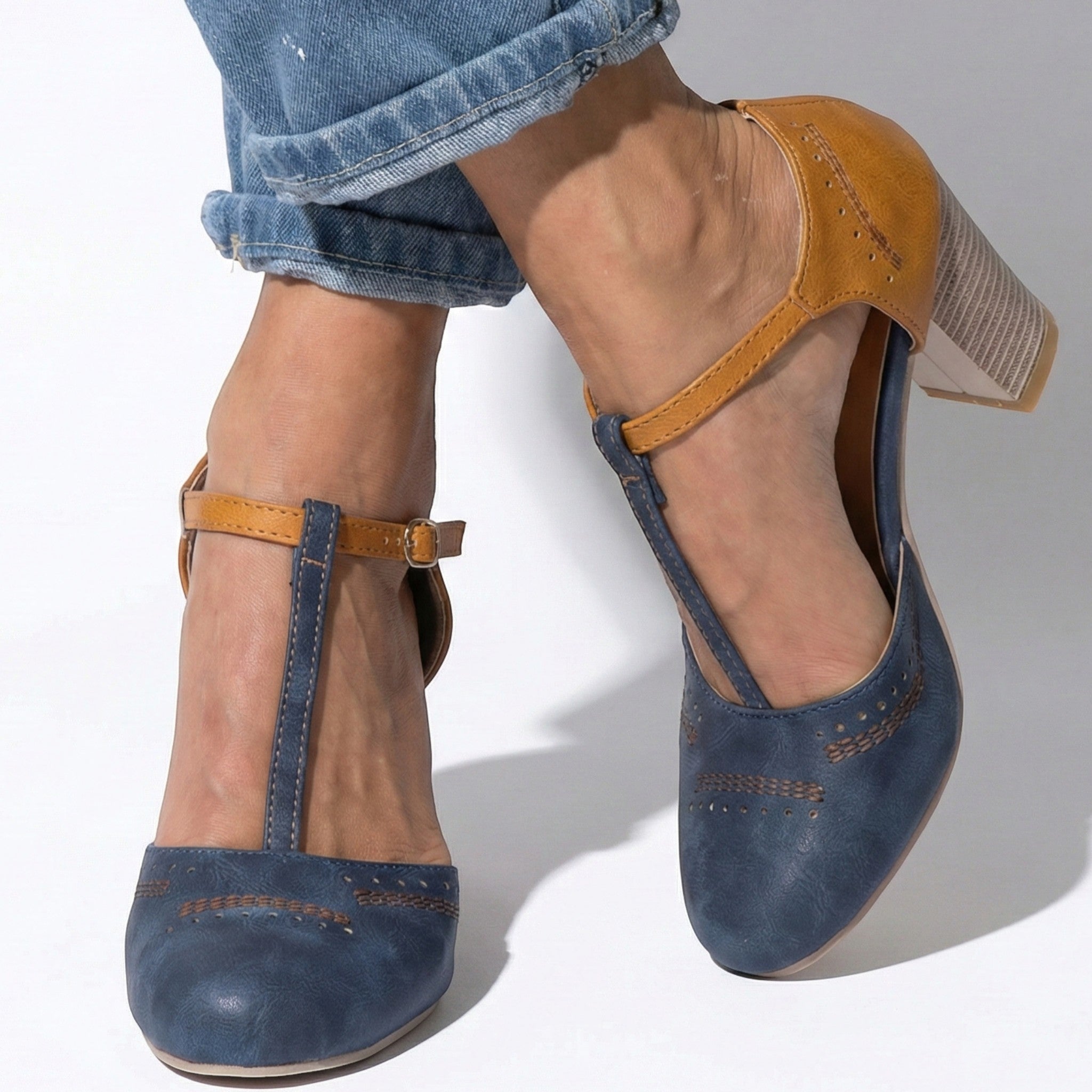 Eleanor - Women’s T-Bar Block Heel Brogue Sandals