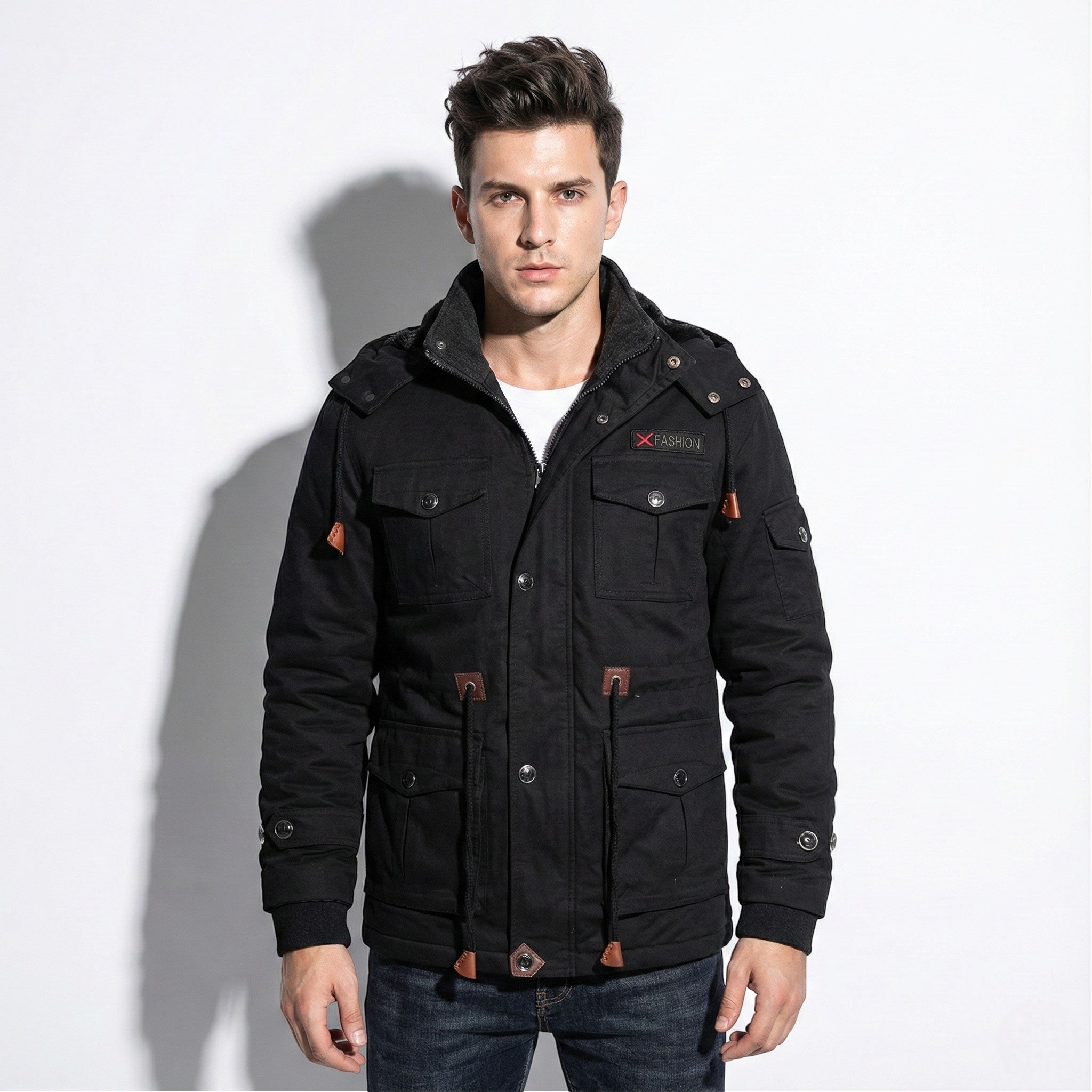 Men’s Winter Cargo Jacket with Faux Fur Lining and Multiple Pockets