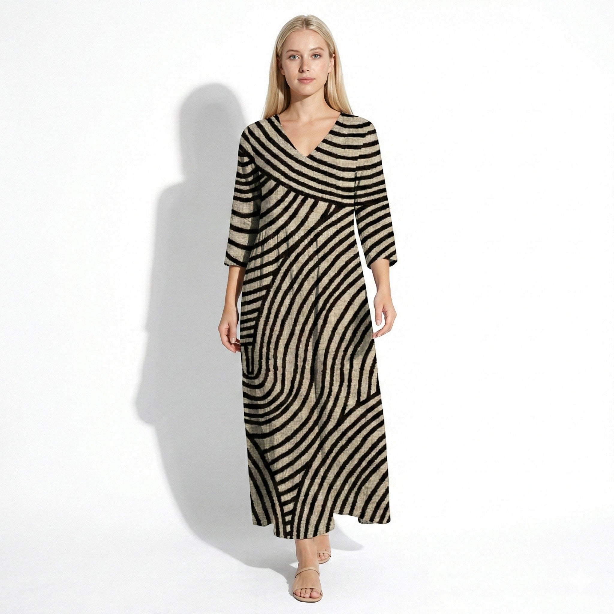 Amelia - Women’s V-Neck Striped Maxi Dress with Pockets