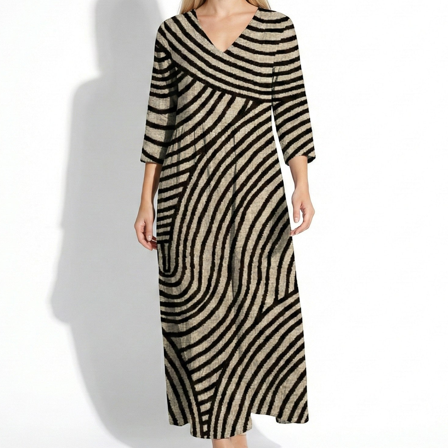Amelia - Women’s V-Neck Striped Maxi Dress with Pockets