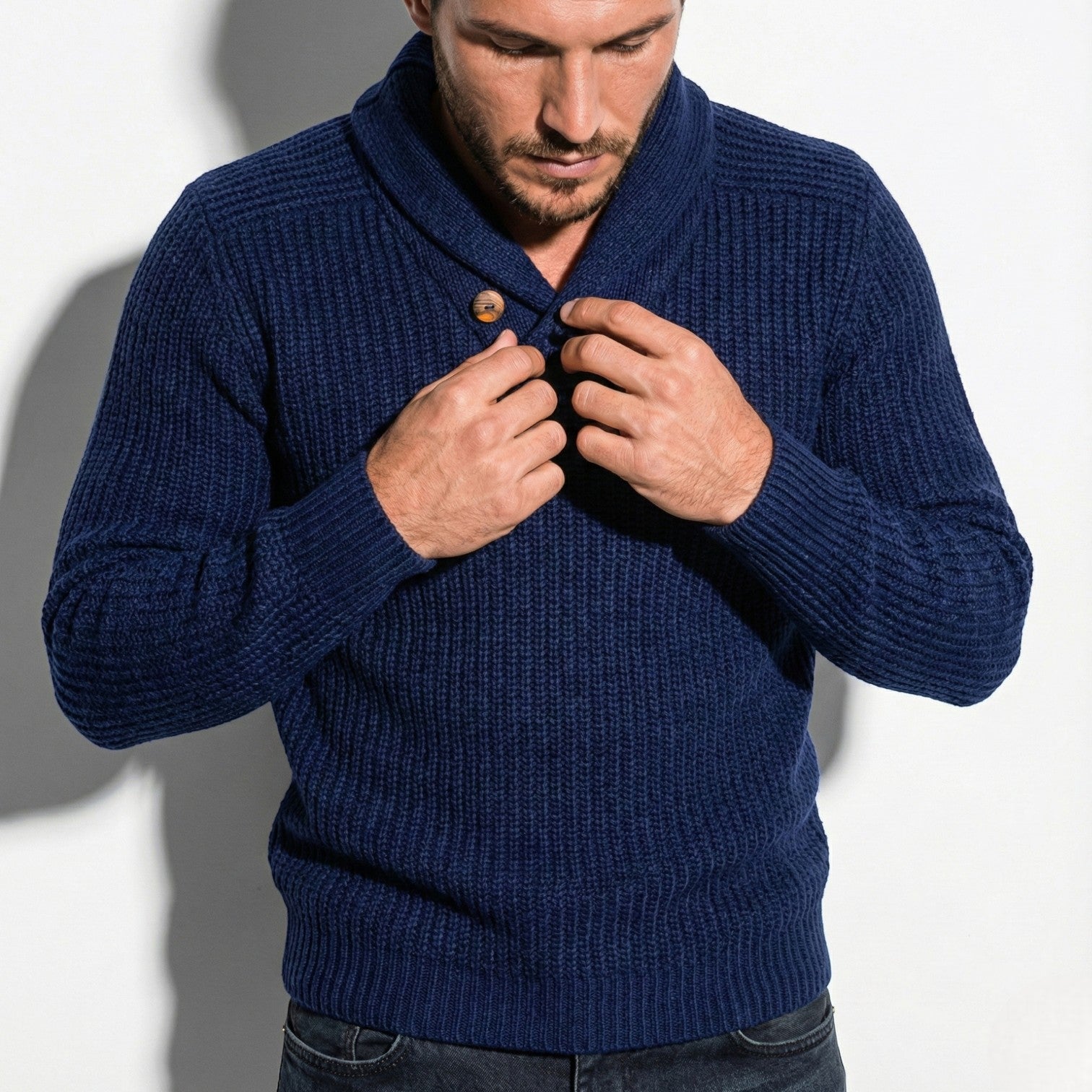 Men’s Ribbed Knit Sweater with Shawl Collar