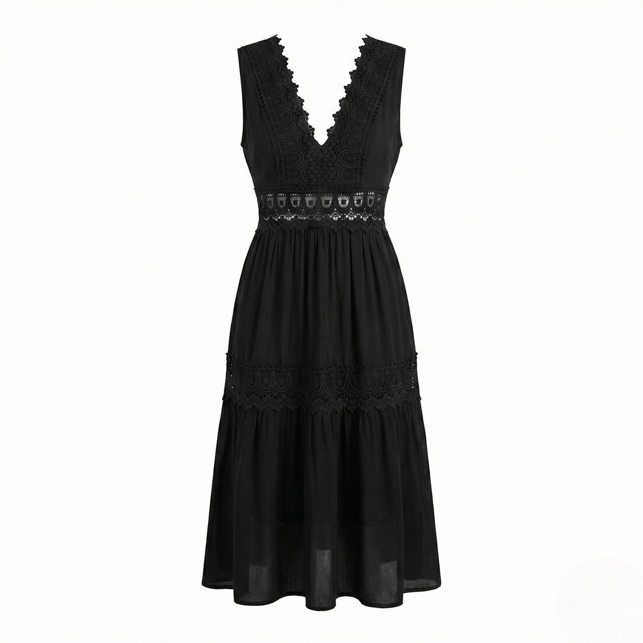 Emily - Women's Laced V-Neck Sleeveless Midi Dress