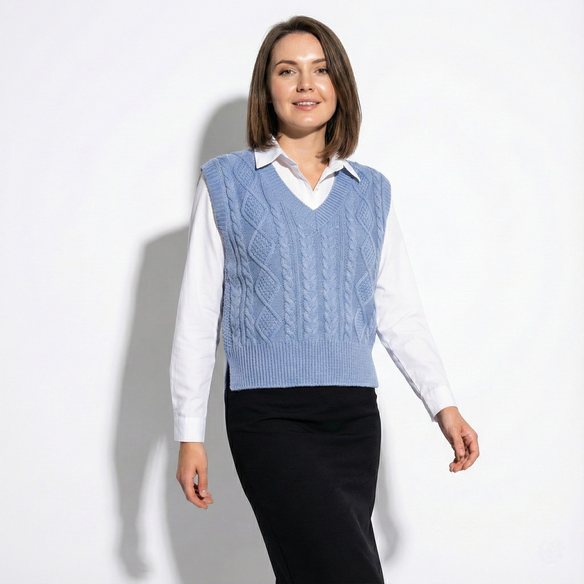 Women's V-Neck Sweater Vest with Cable Knit