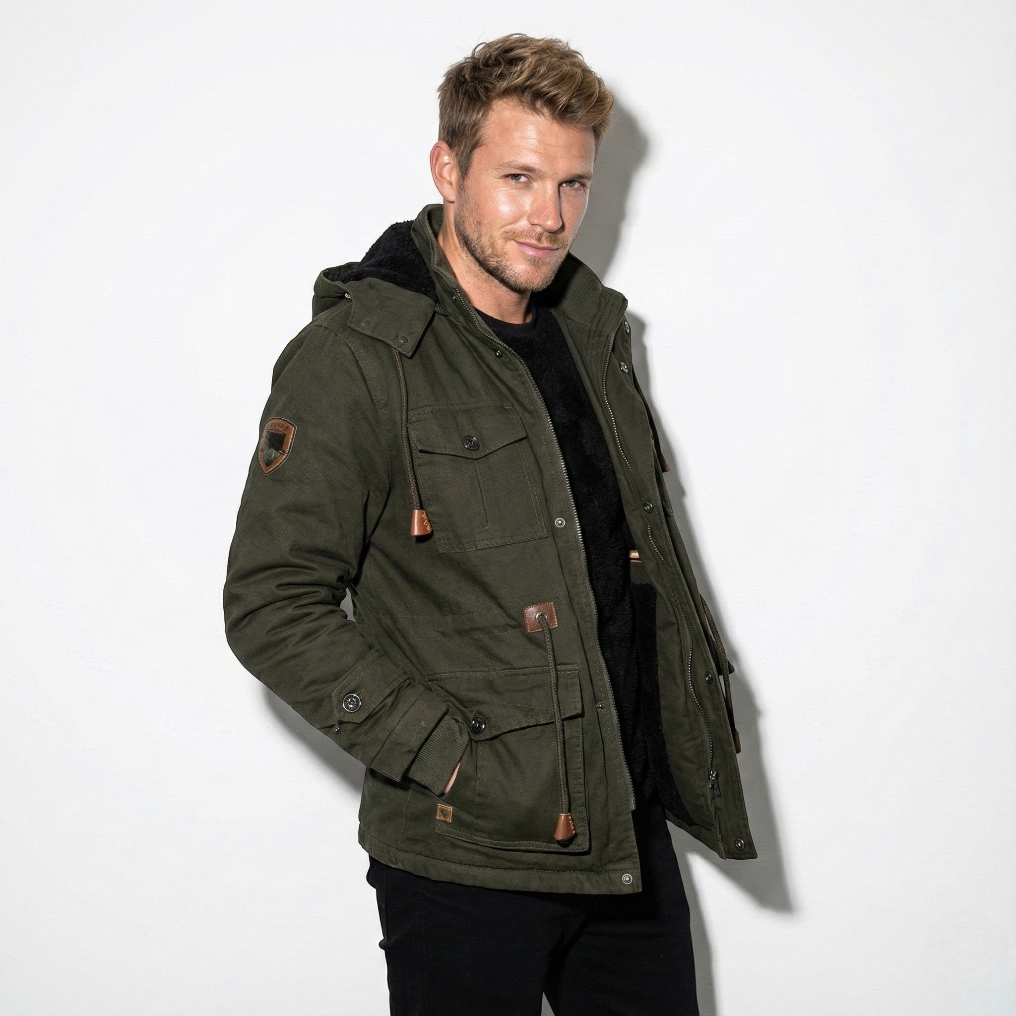 Men’s Winter Cargo Jacket with Faux Fur Lining and Multiple Pockets