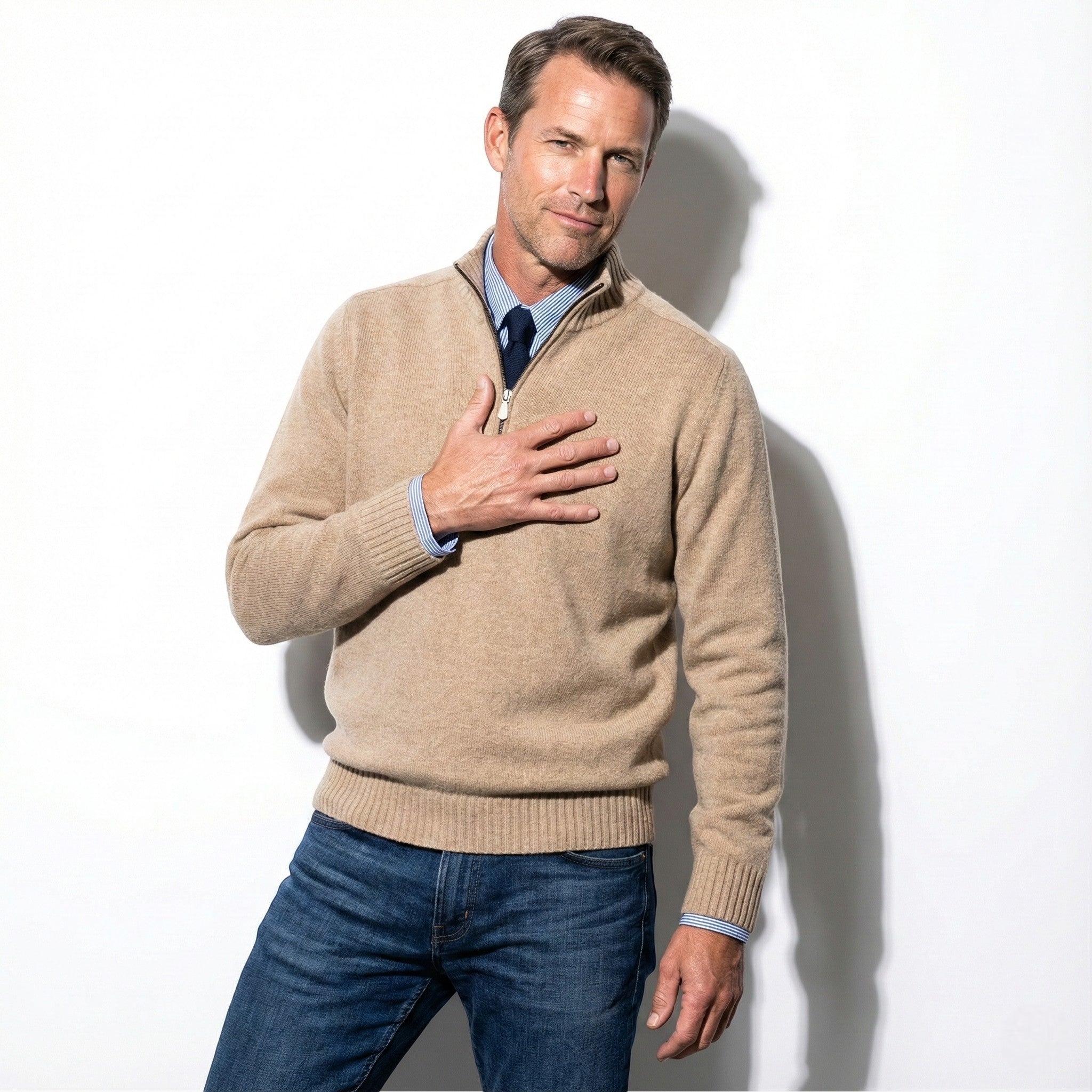 Men’s Quarter-Zip Sweater with Mock Neck and Ribbed Cuffs