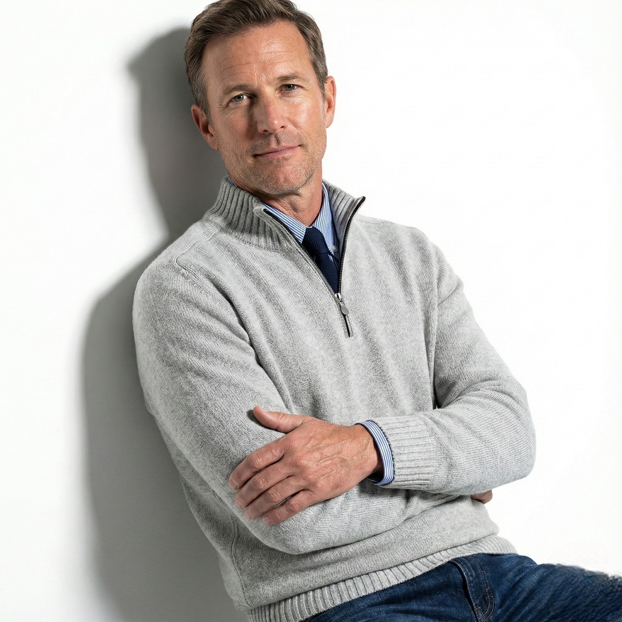 Men’s Quarter-Zip Sweater with Mock Neck and Ribbed Cuffs