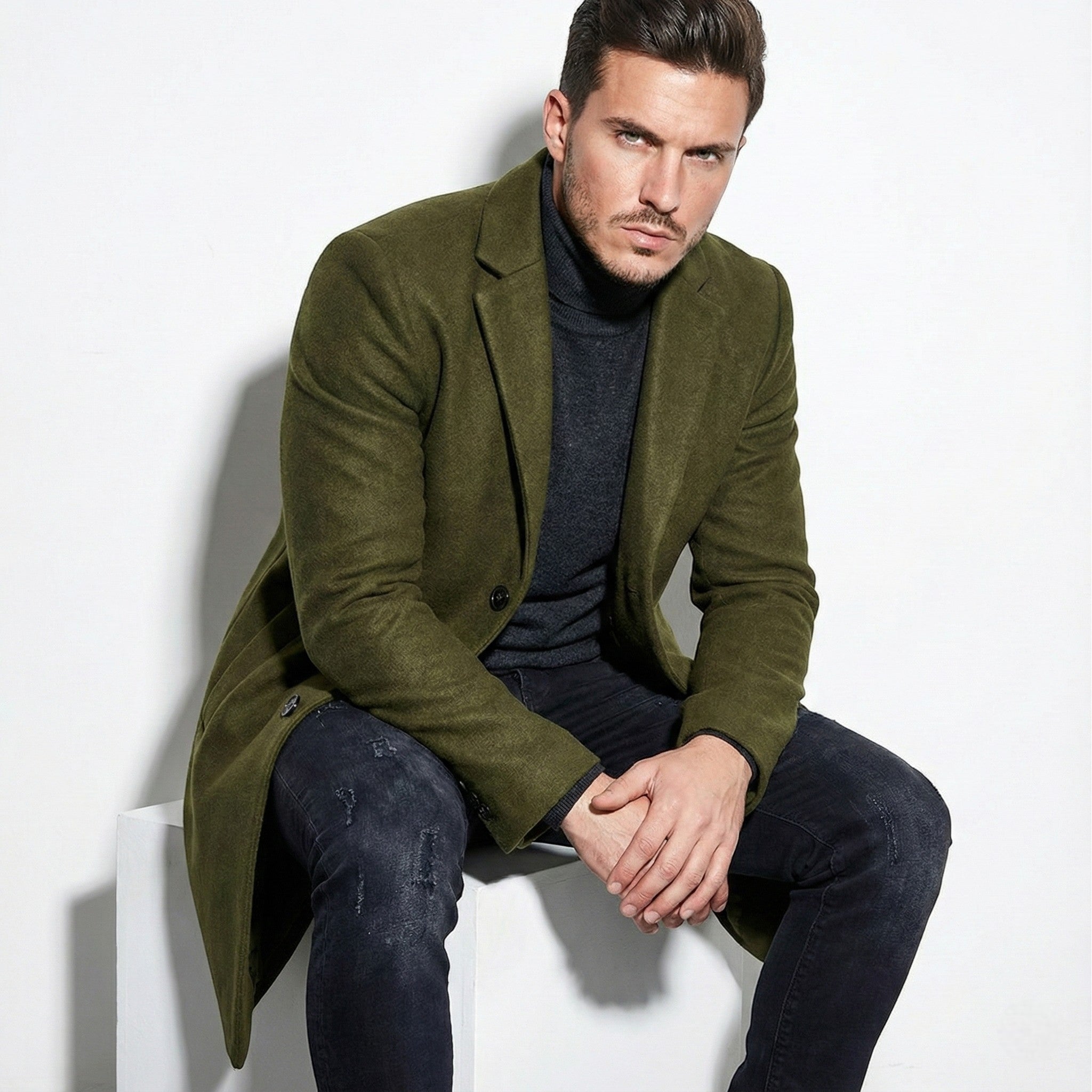 Men's Mid-Length Overcoat with Notch Lapel