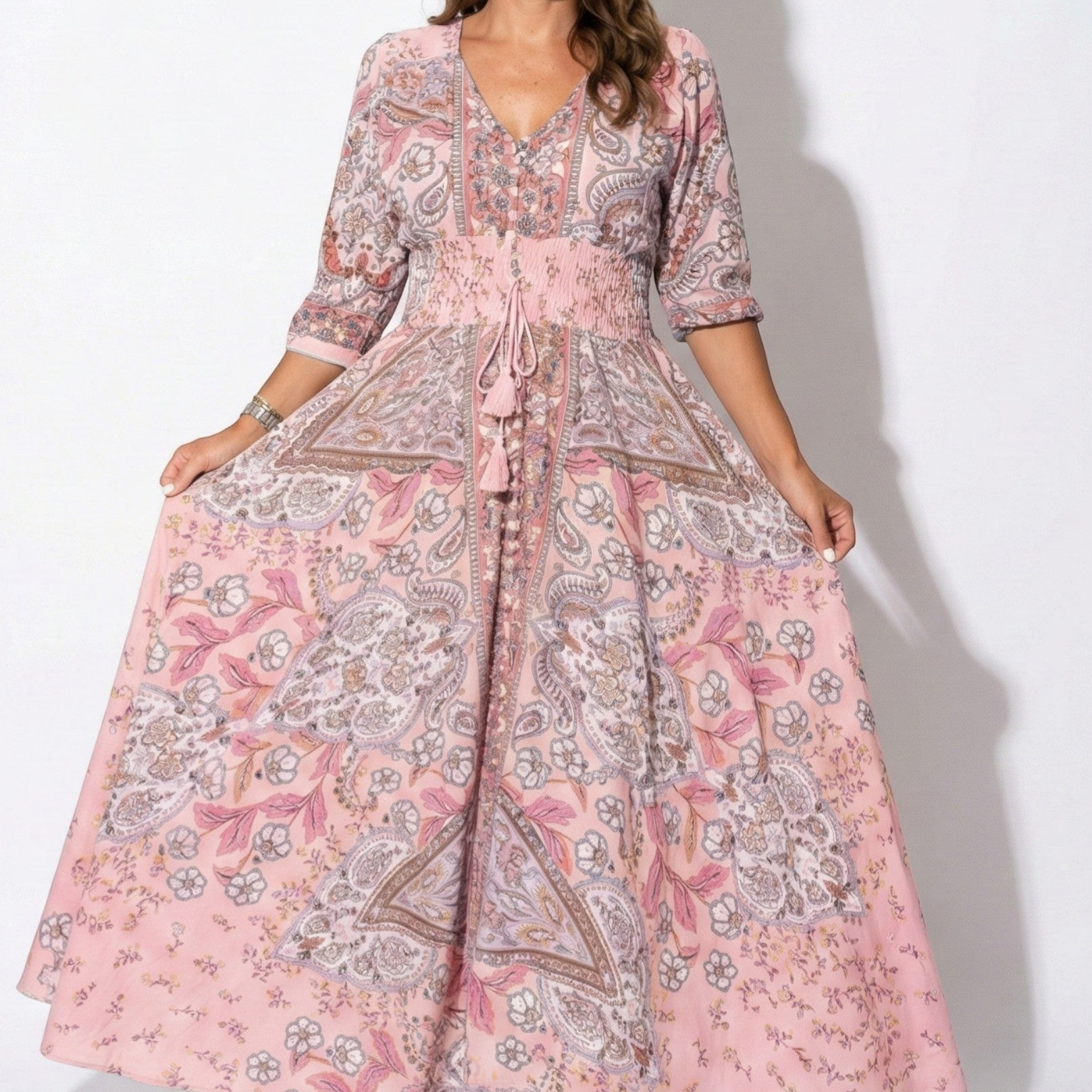 Grace - Women's Printed V-Neck Maxi Dress with 3/4 Sleeves