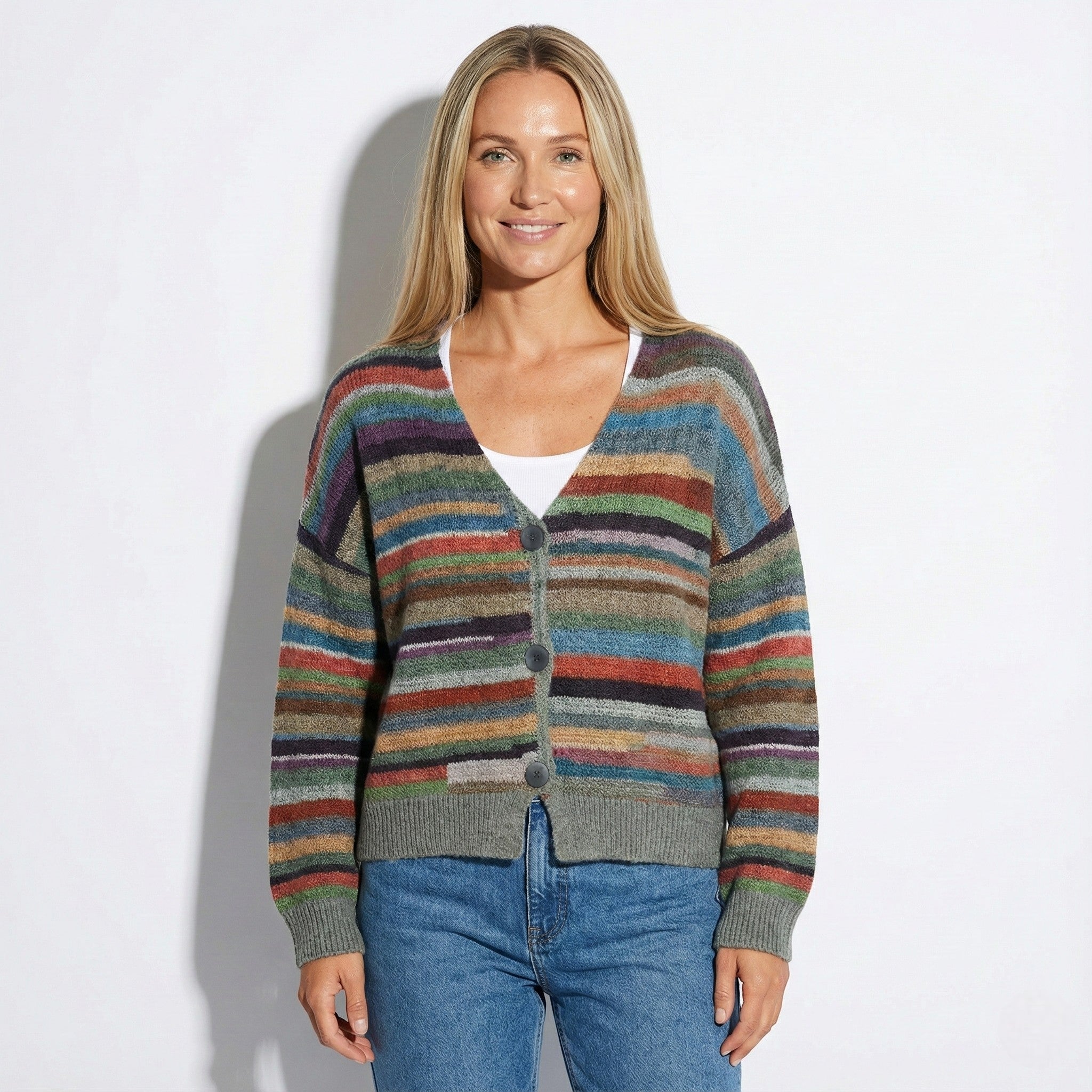 Women’s Multi-Color Striped Cardigan with Button Front