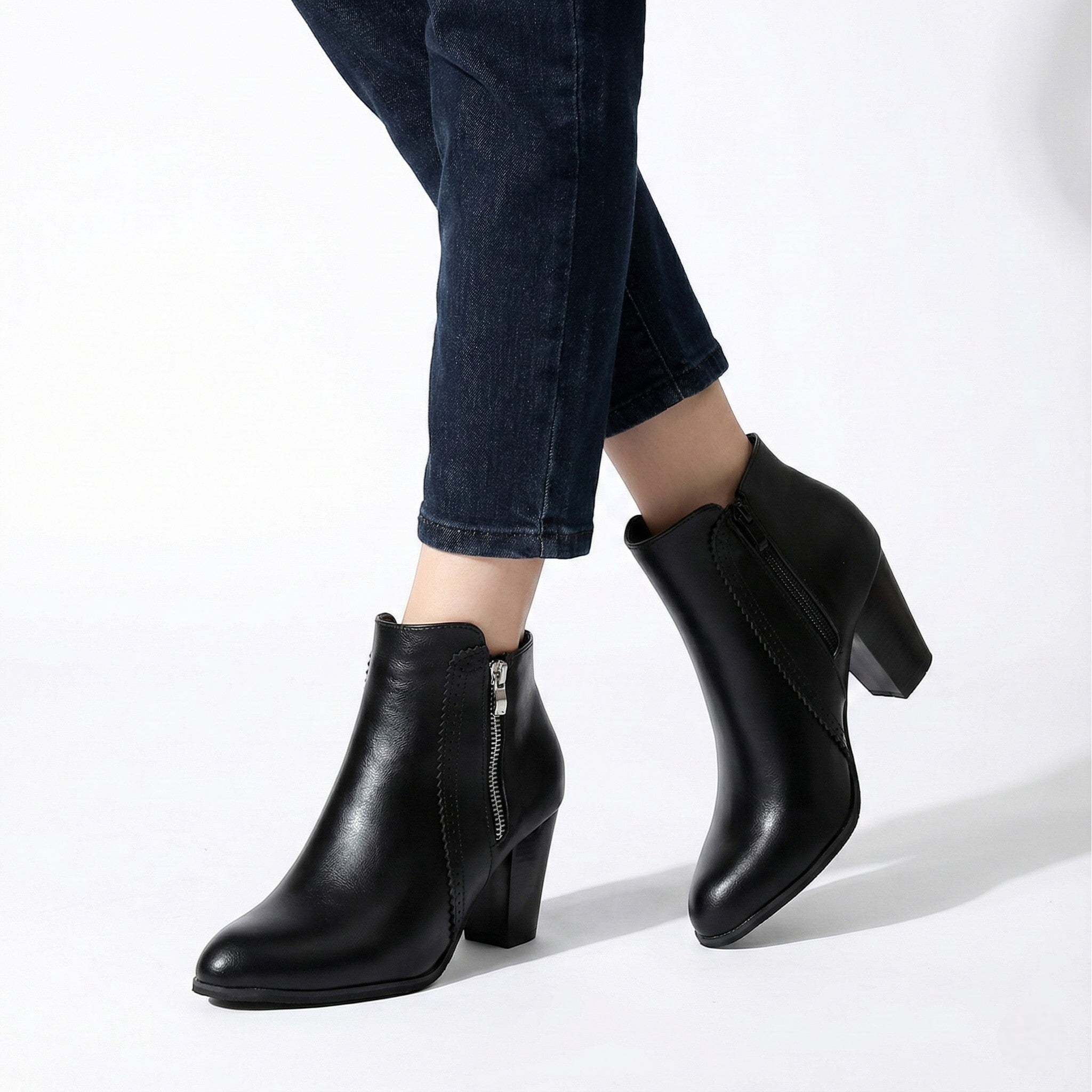 Women's Leather Ankle Boots with Side Zipper and Block Heel