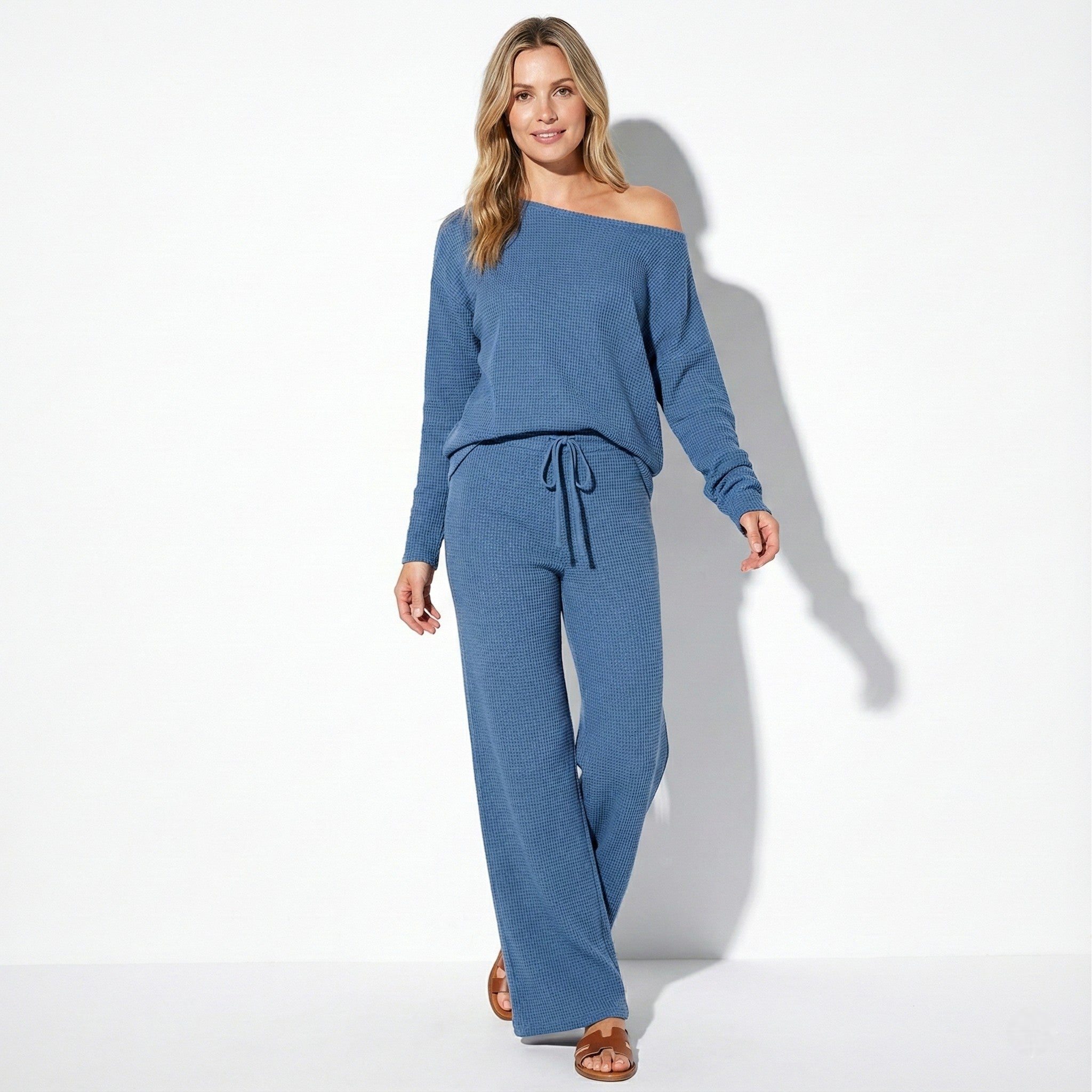 Women's Lounge Sweater Set with Off-Shoulder Top and Wide-Leg Pants