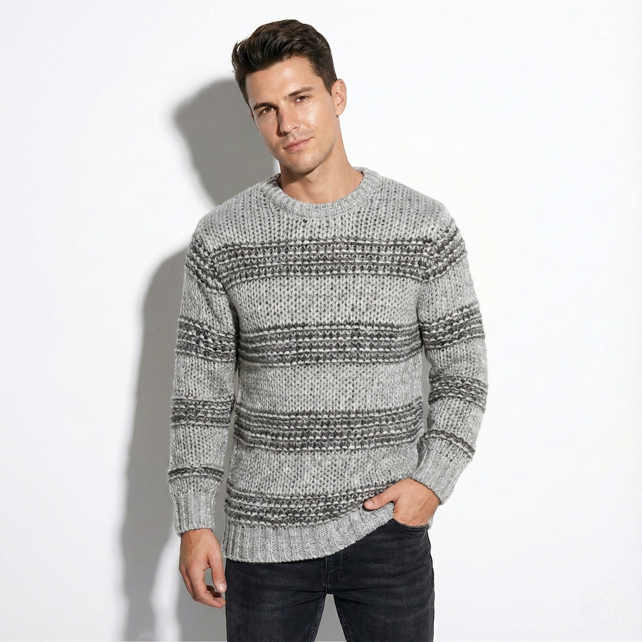 Men's Knit Crewneck Sweater with Striped Pattern