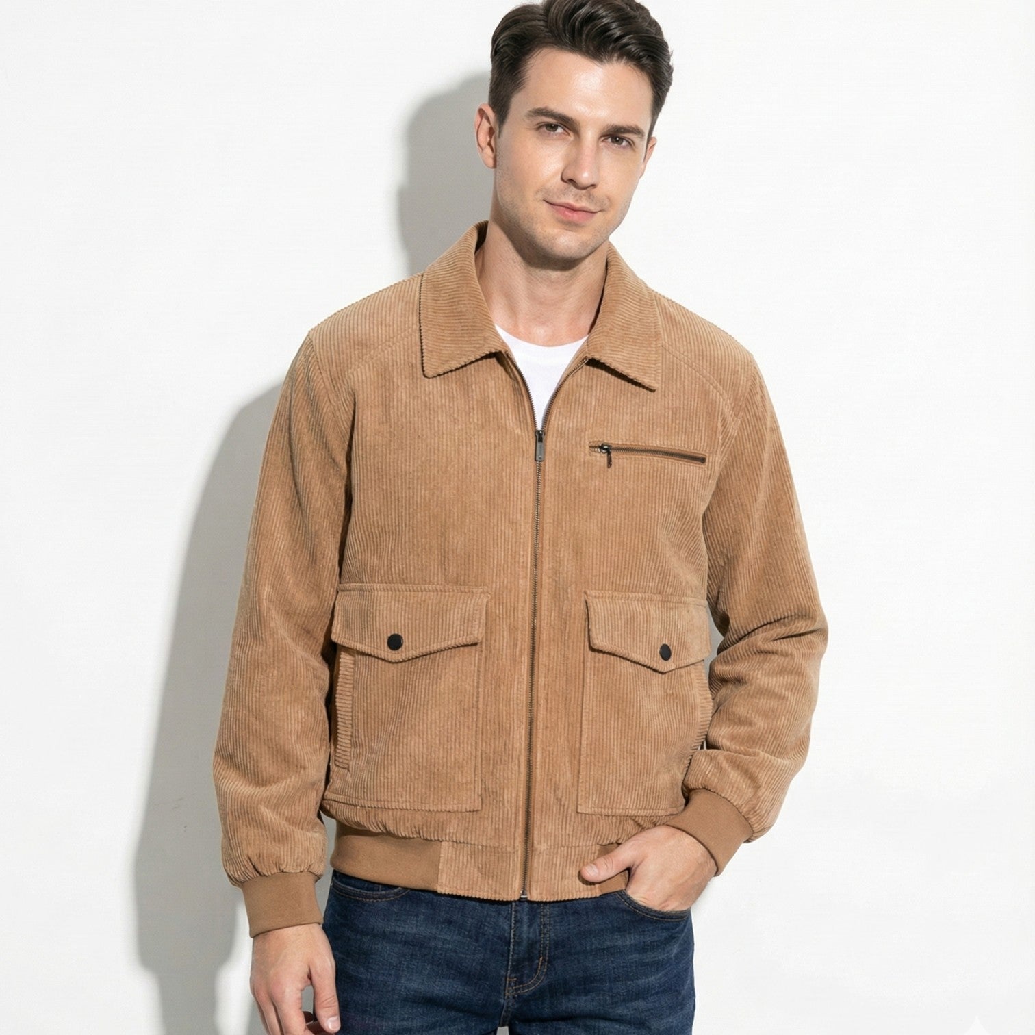 Men's Full-zipped Corduroy Jacket with Front Pockets