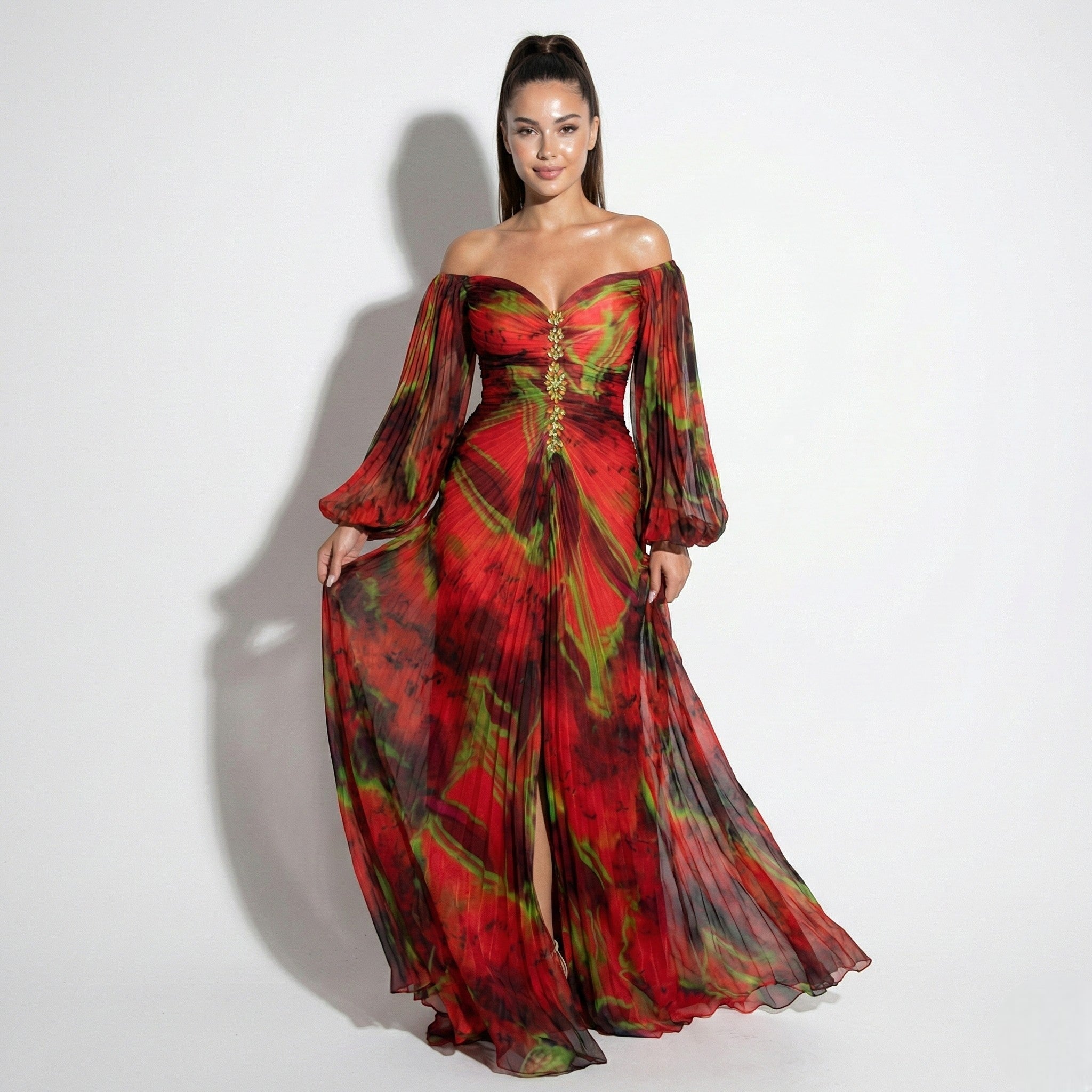 Clara - Women's Maxi Dress with Off Shoulder Pleats