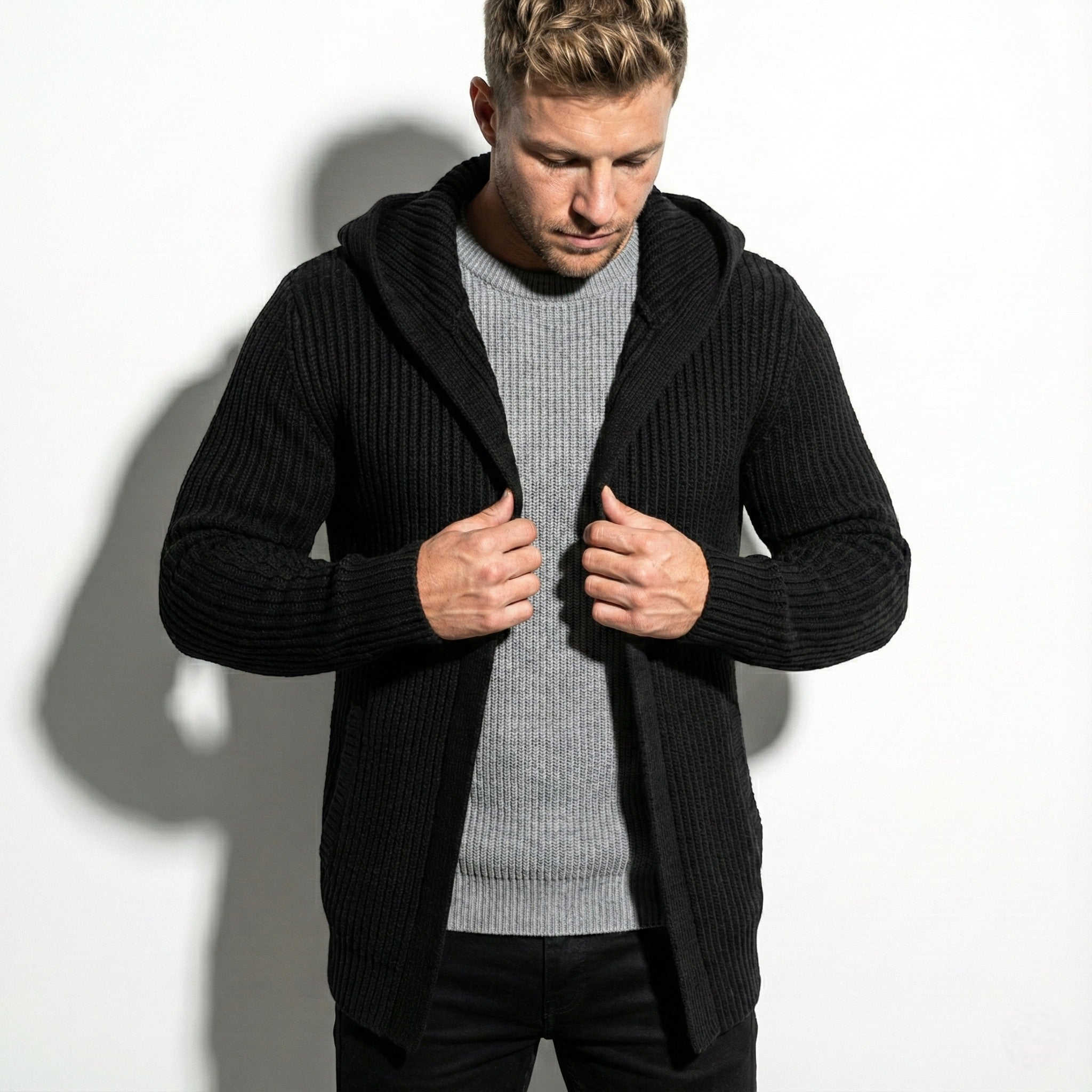 Men's Slim Fit Knit Cardigan with Zipper Closure and Stand Collar
