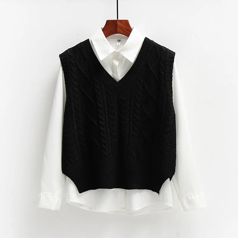 Women's V-Neck Sweater Vest with Cable Knit
