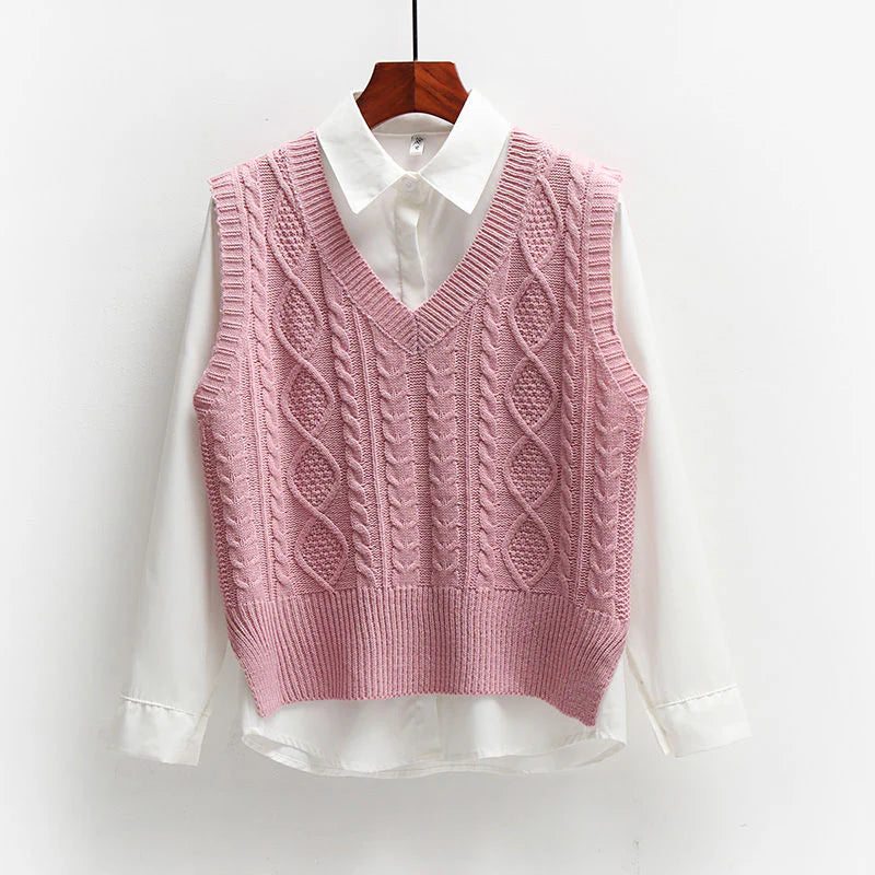 Women's V-Neck Sweater Vest with Cable Knit