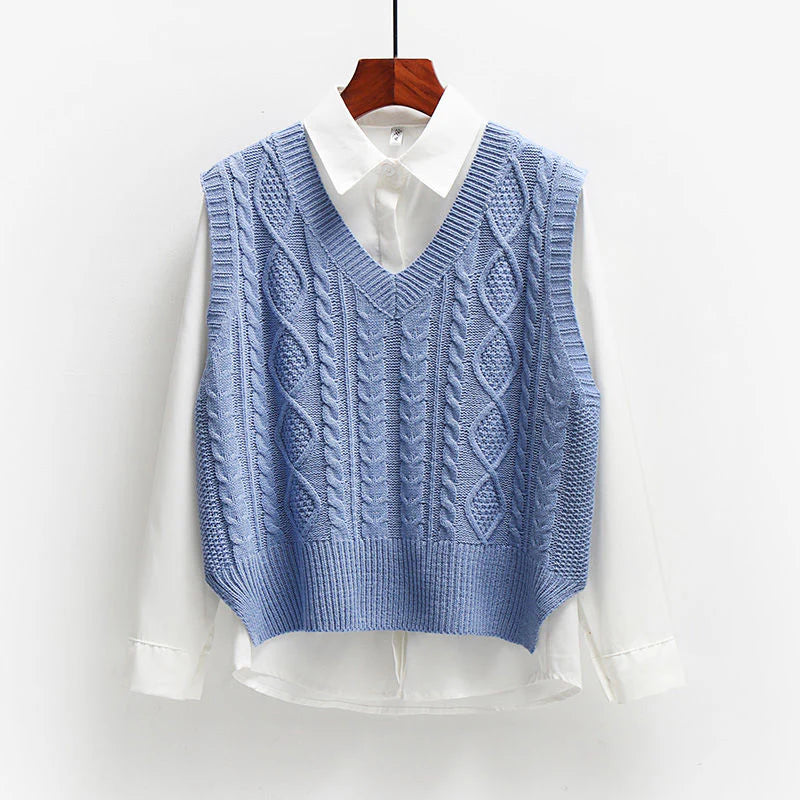 Women's V-Neck Sweater Vest with Cable Knit