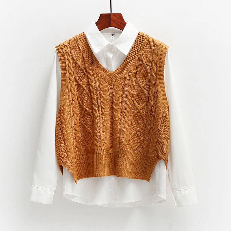 Women's V-Neck Sweater Vest with Cable Knit