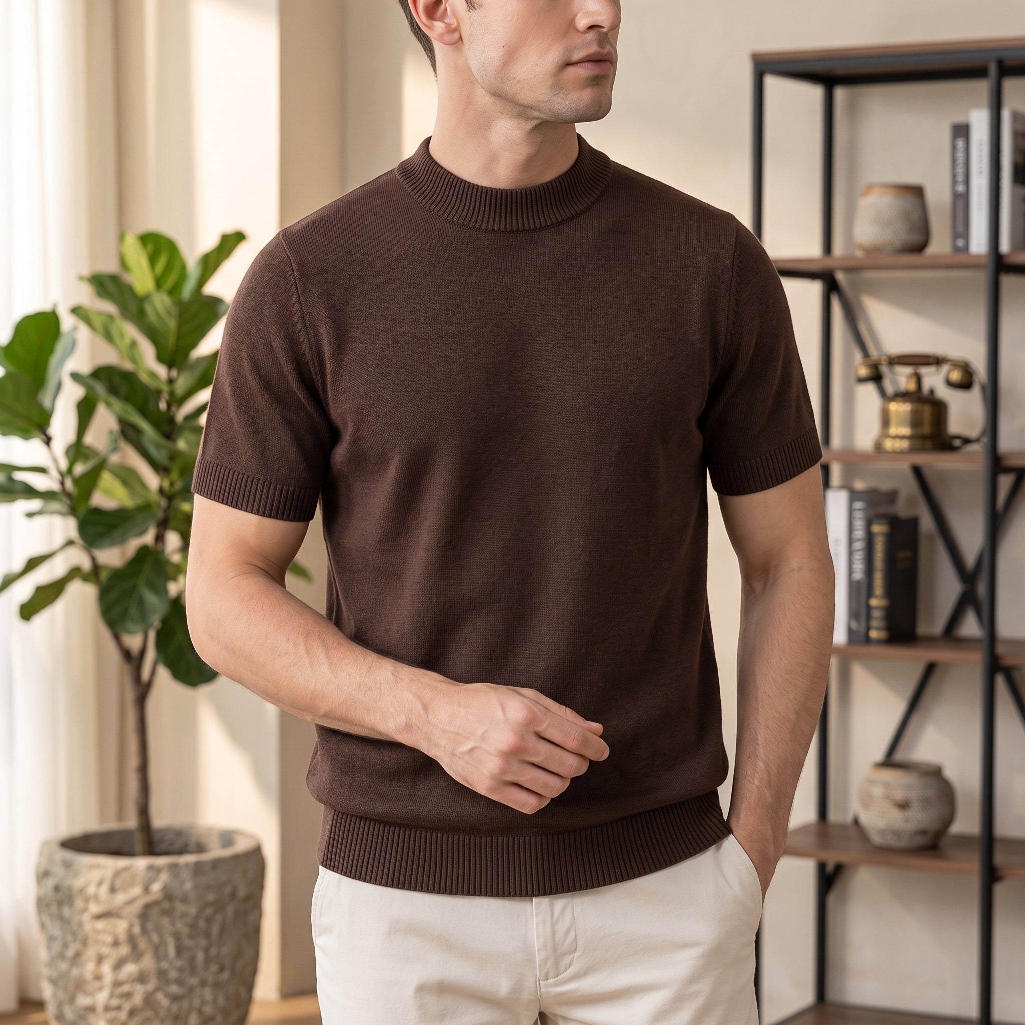 Thomas - Men's Summer Slim Fit Ribbed Mock Neck T-Shirt