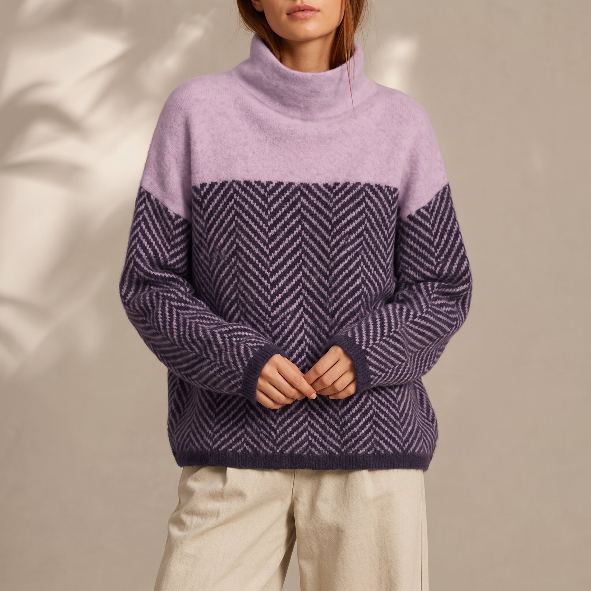 Grace - Women's Chevron Turtleneck Sweater with Color-Block Design