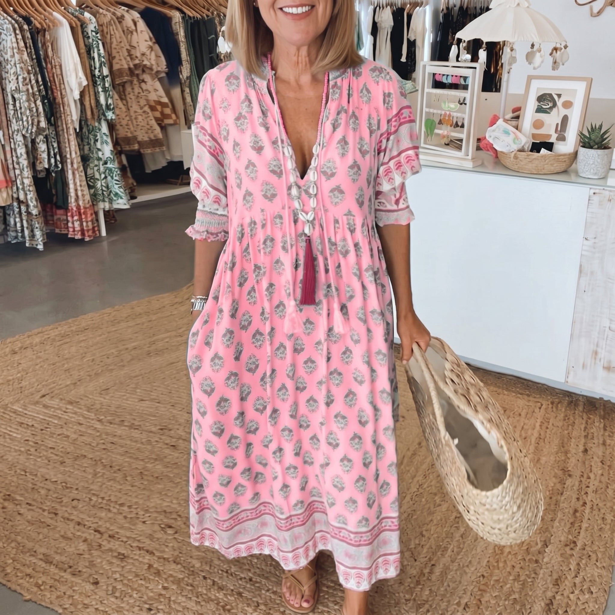 Jasmine - Women's Summer Boho Floral Tassel Tie Maxi Dress