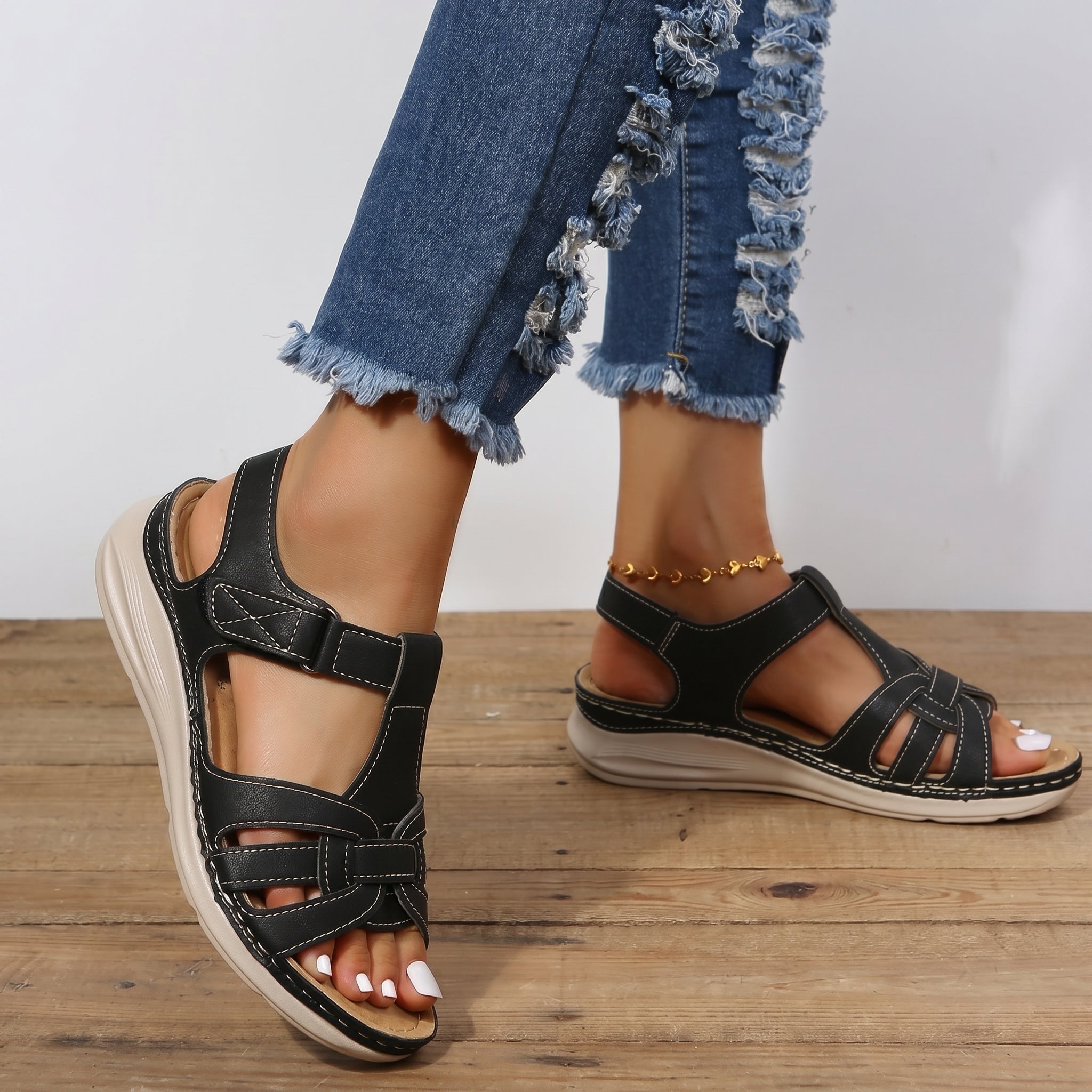 Helen - Women's Orthopedic Velcro Cut-Out Wedge Sandals