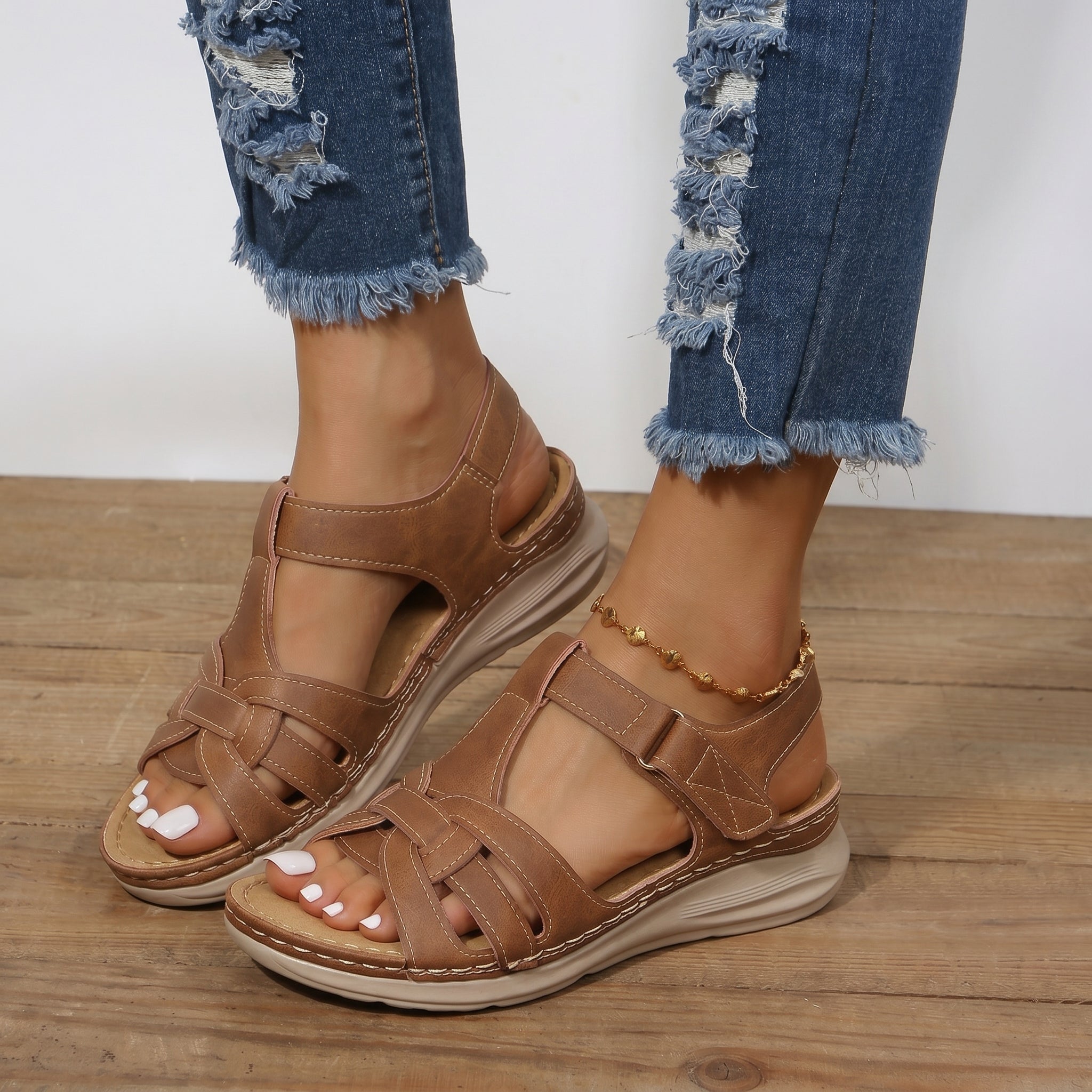 Helen - Women's Orthopedic Velcro Cut-Out Wedge Sandals